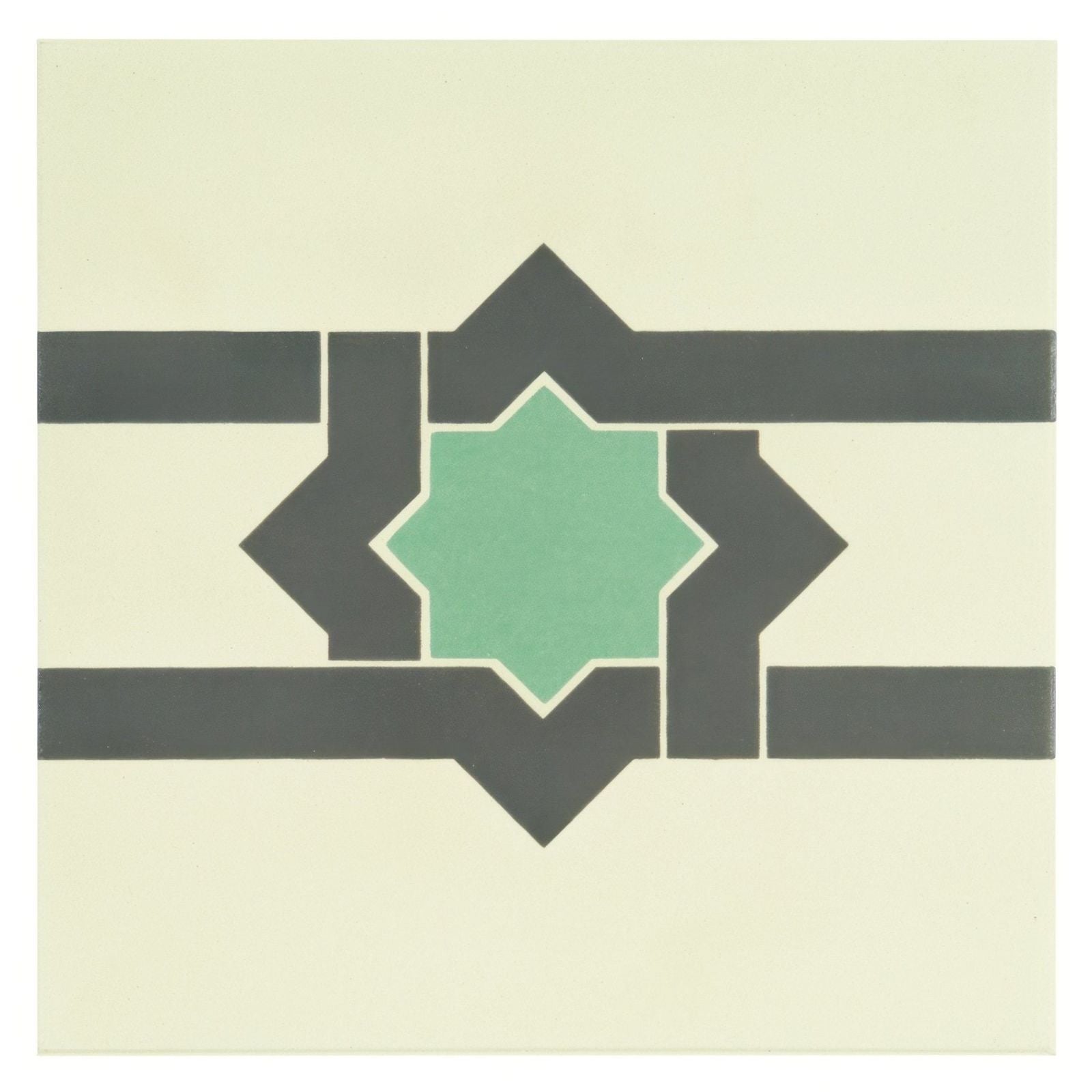Cream-colored ceramic tile iberian border dark grey and dark jade on white with central mint green star and dark gray patterns