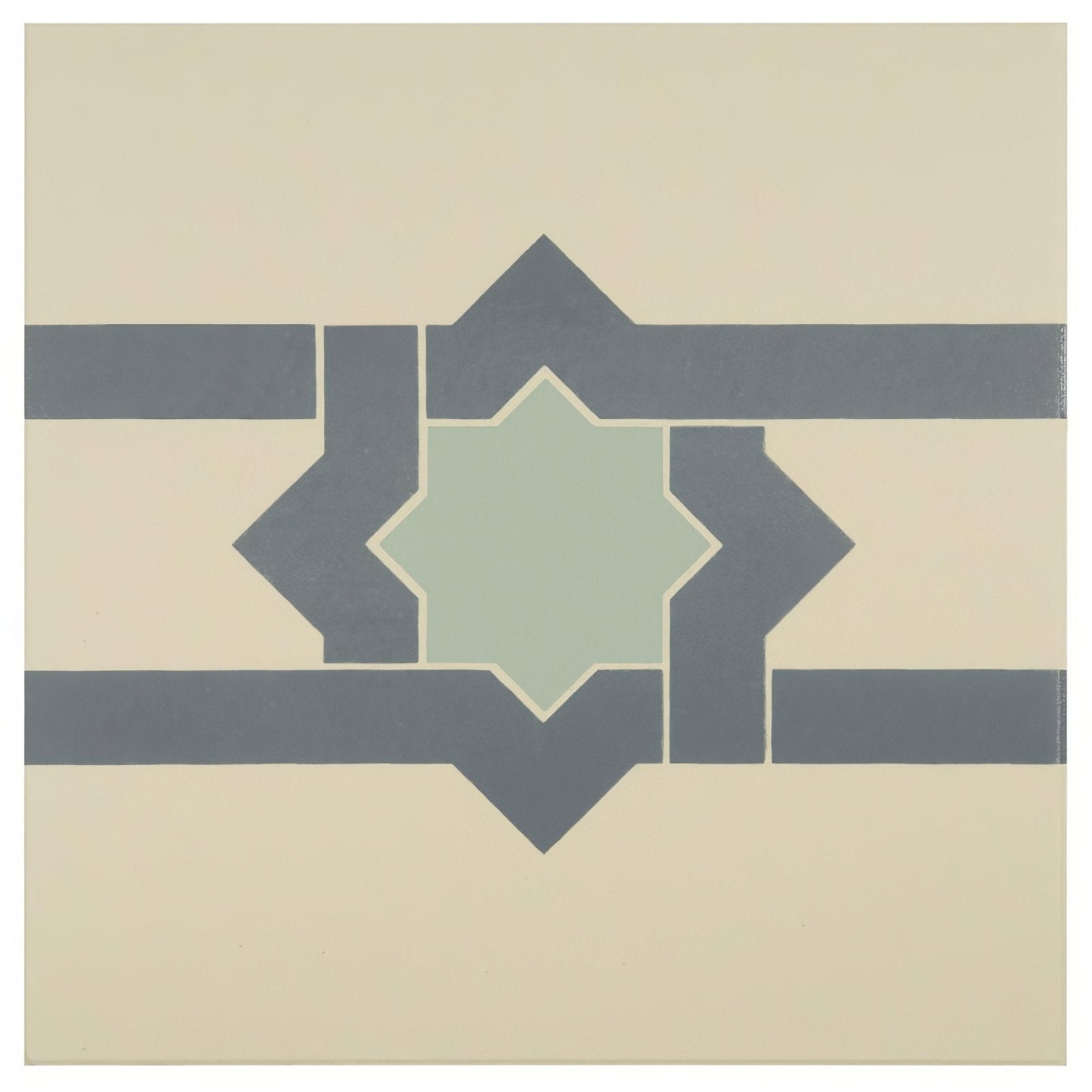 A square ceramic tile with a geometric star pattern in muted gray and sage green on off-white from iberian border denim and light jade on white collection
