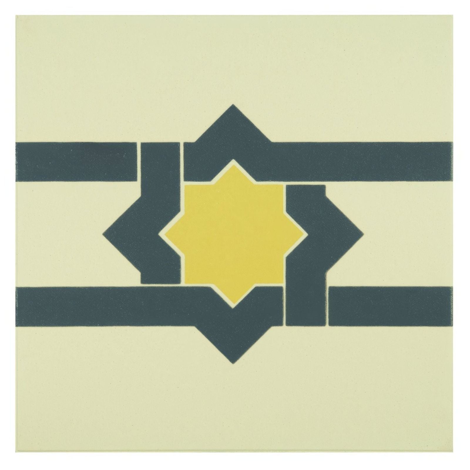 A square ceramic tile with a pale yellow background featuring a mustard yellow eight-pointed star and dark grey geometric bands
