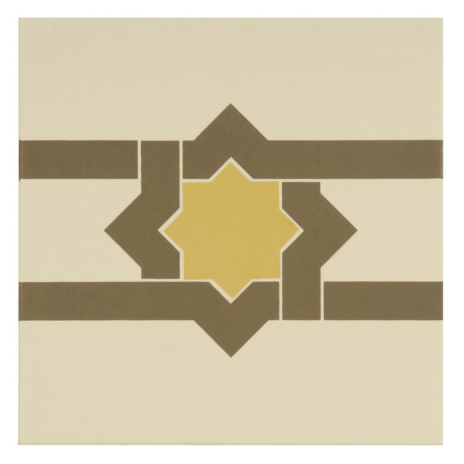 Beige ceramic tile with a central golden yellow star and geometric brown patterns from iberian border summer yellow and regency bath on white