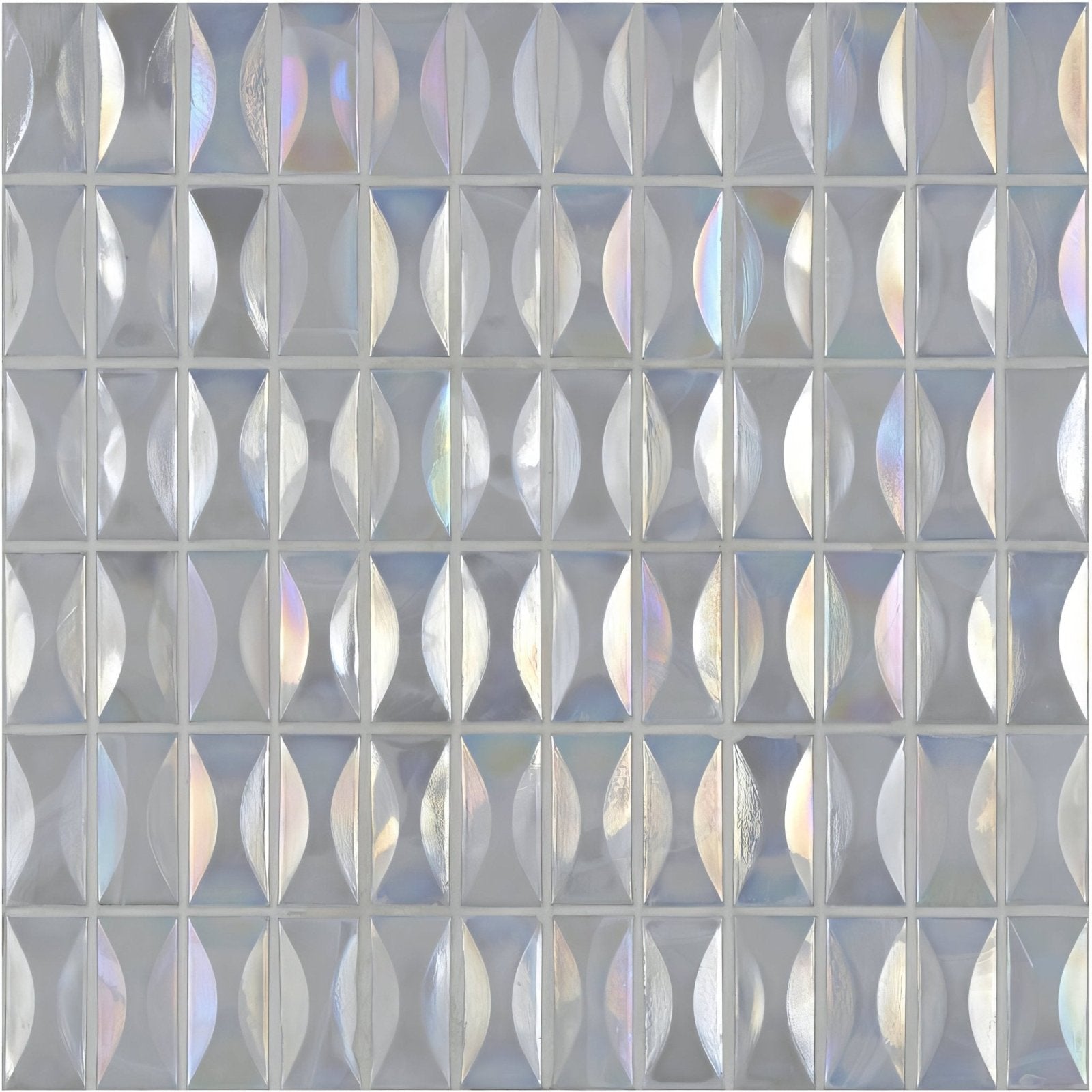 Ice raised rectangle mosaic iridescent glass tile with diamond shaped faceted pieces shimmering in soft rainbow hues