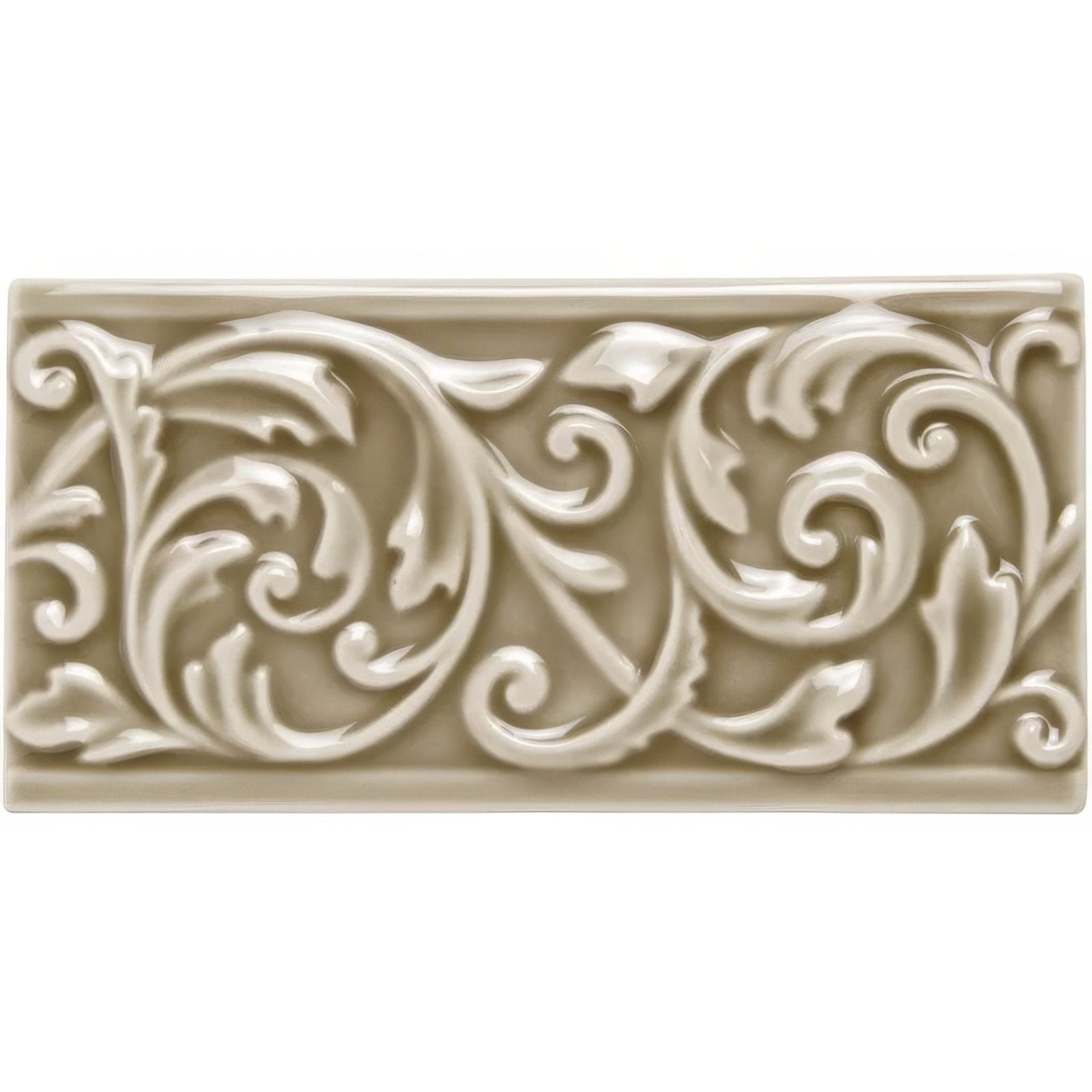 Ickworth Buckingham beige ceramic tile with raised ornate scrollwork design for decorative wall use