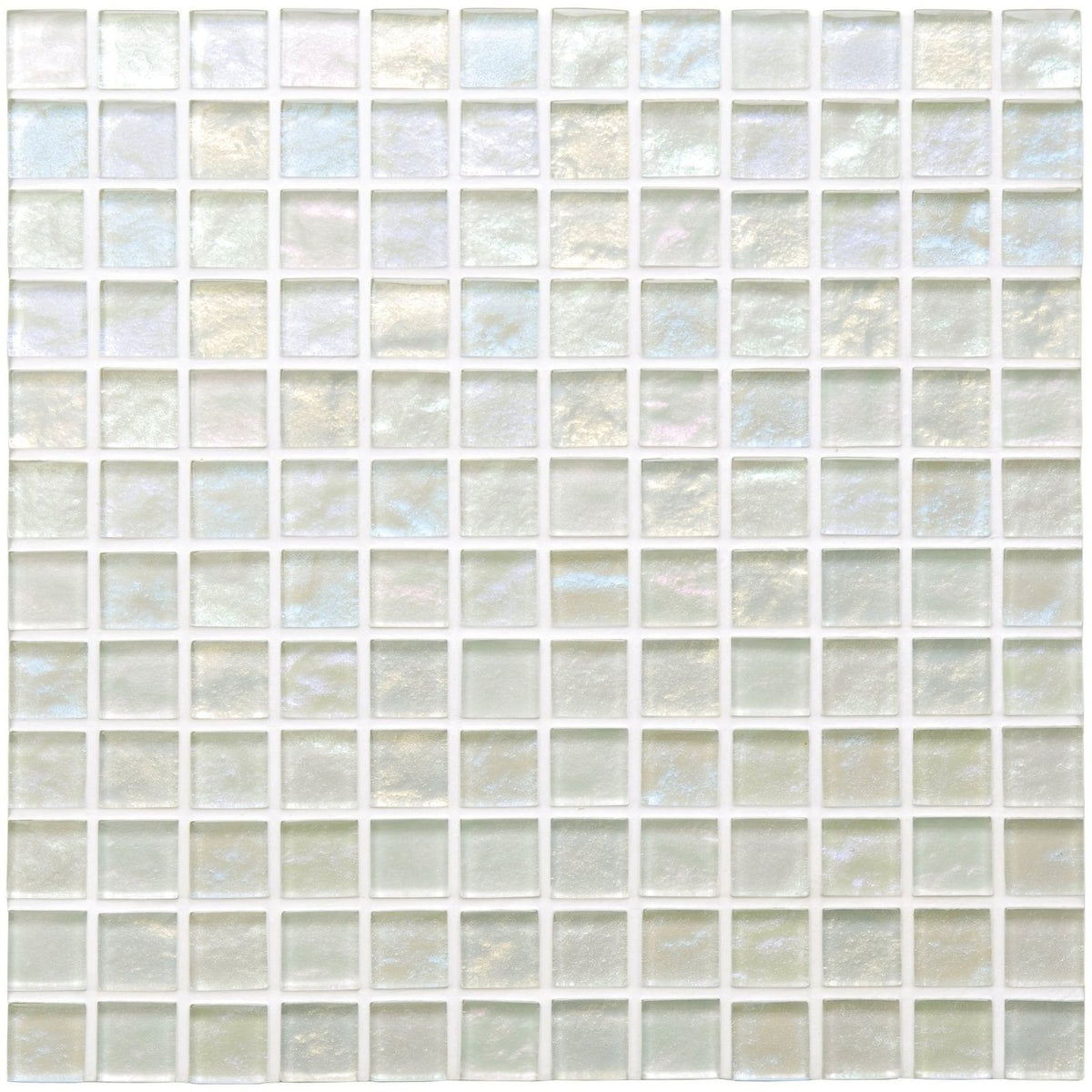 Iridescent white glass mosaic tile with subtle pearlescent sheen from Illusion Glass Mosaic for decorative surfaces