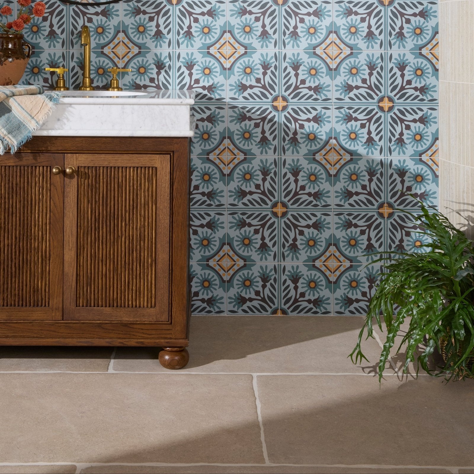 Indirah porcelain azure 20 x 20cm patterned blue and beige ceramic tiles with intricate floral designs for bathroom walls