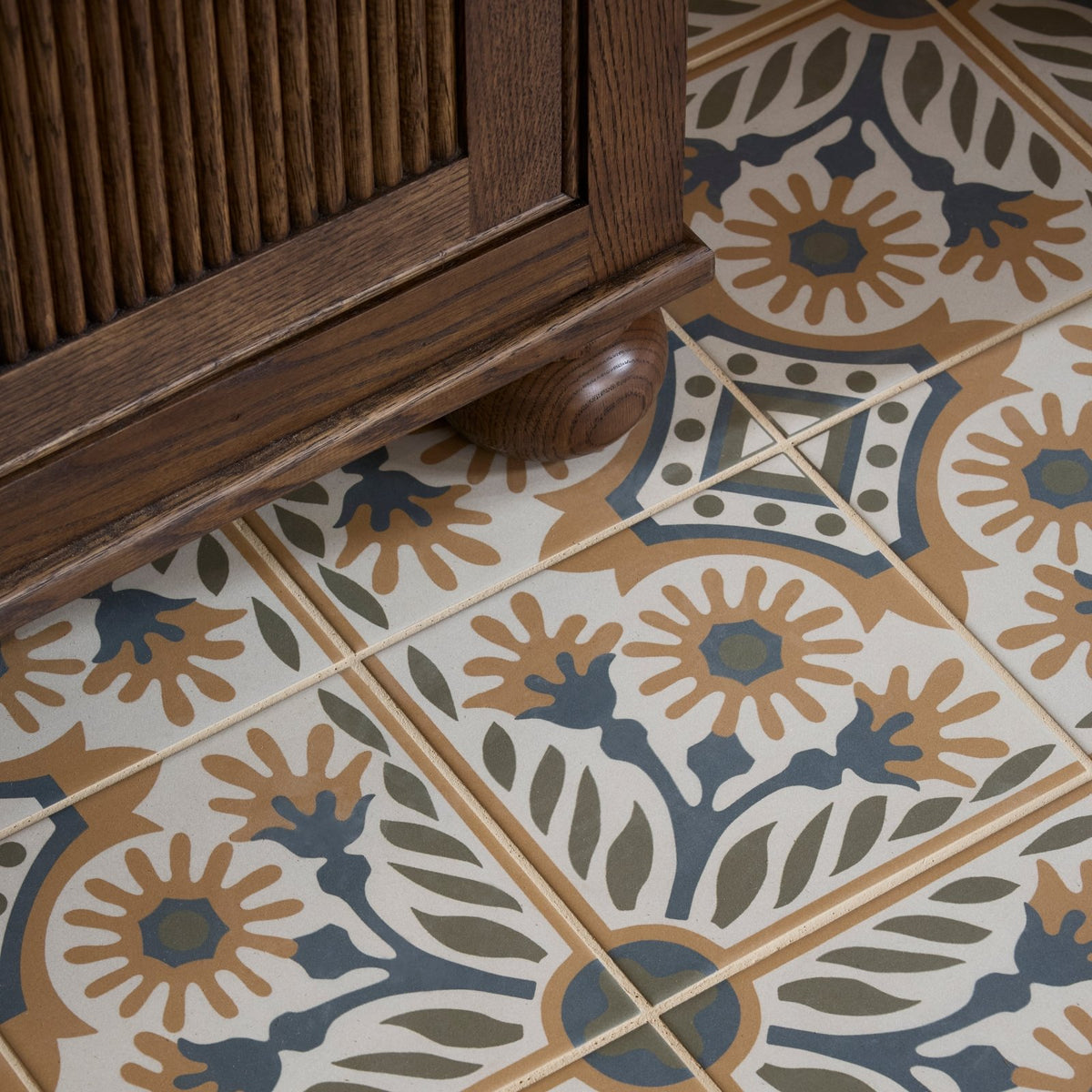 Indirah porcelain cotto 20 x 20cm patterned ceramic floor tiles with floral and geometric designs in beige blue and olive green