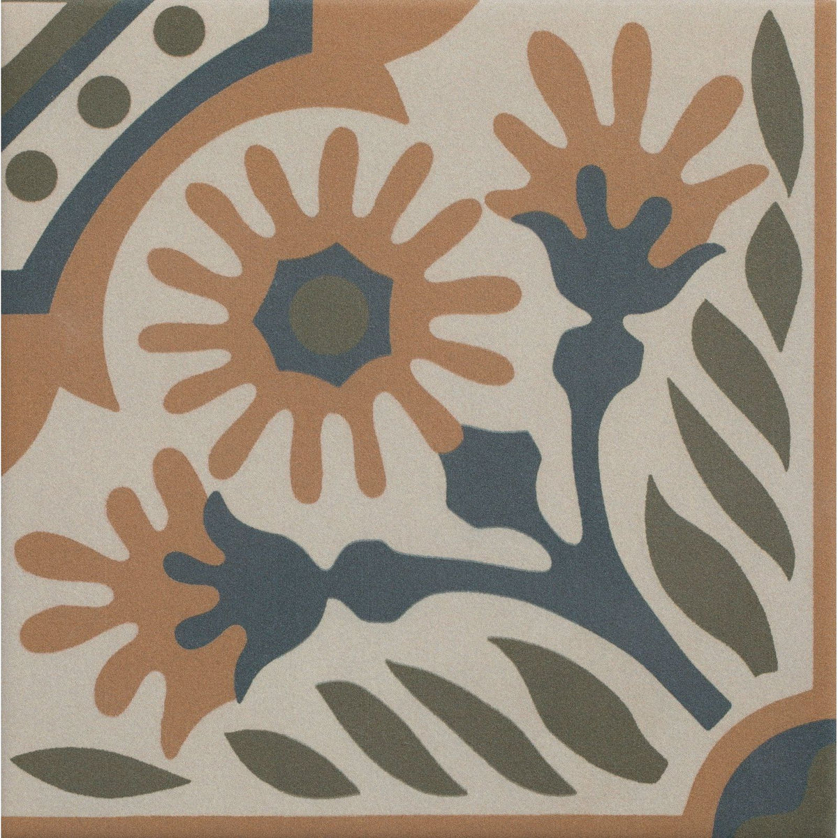 A square indirah porcelain cotto tile with terracotta floral and leaf pattern in slate blue olive green and cream