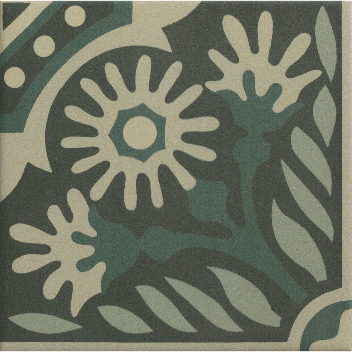 Dark green indirah porcelain tile 20 x 20cm with stylized cream and muted teal floral and leaf pattern