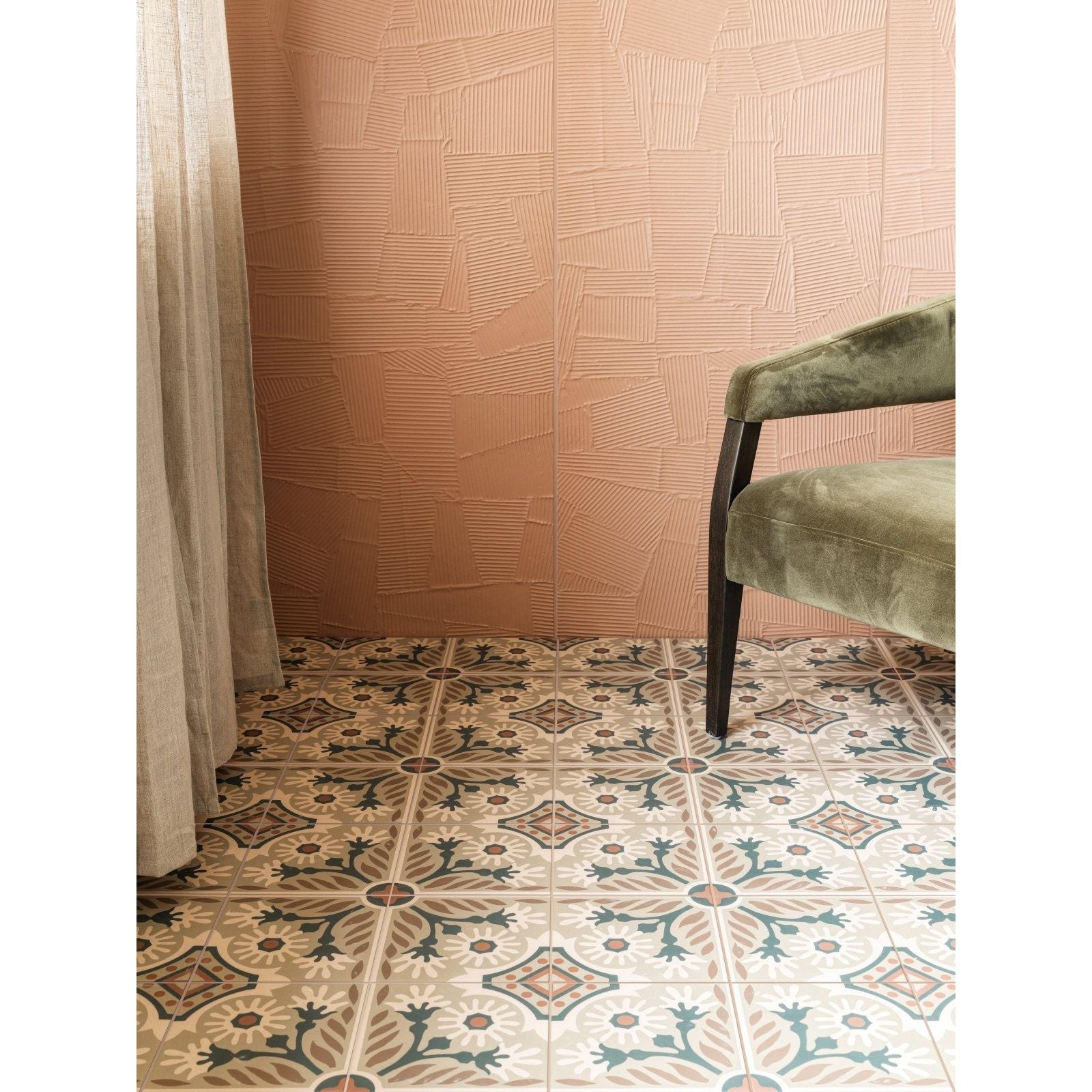 Indirah Porcelain Mocha 20 x 20cm beige and teal patterned porcelain tile