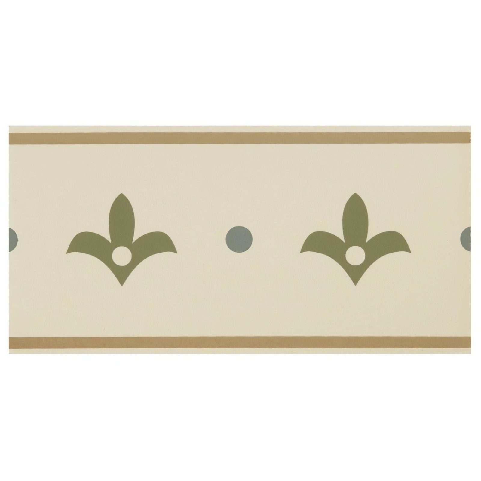 Beige indo border dublin with olive green fleur-de-lis motifs and gray dots framed by tan stripes on white denim