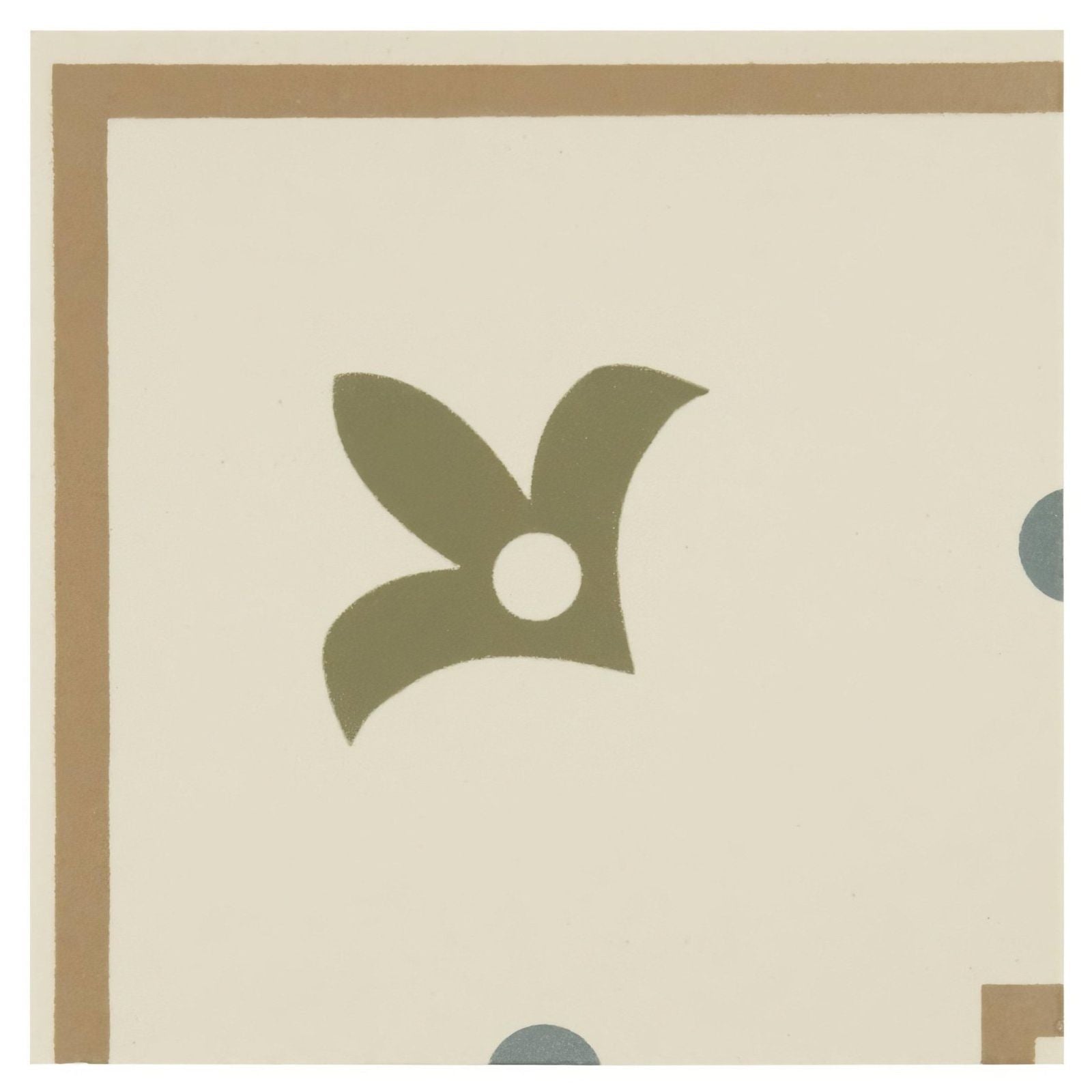 Indo internal corner tile with olive-green stylized leaf motif on cream background in Dublin denim and Old London white