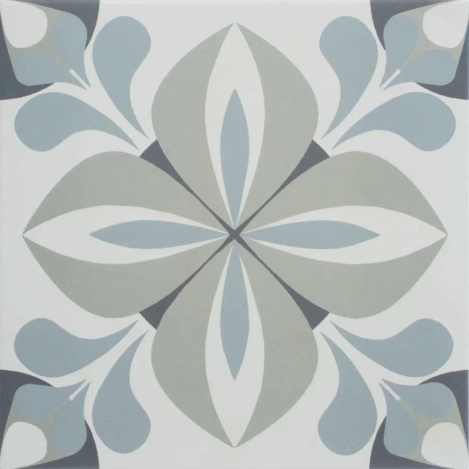A square ceramic infusion lousa patterned tile with a symmetrical stylized floral pattern in shades of gray and white