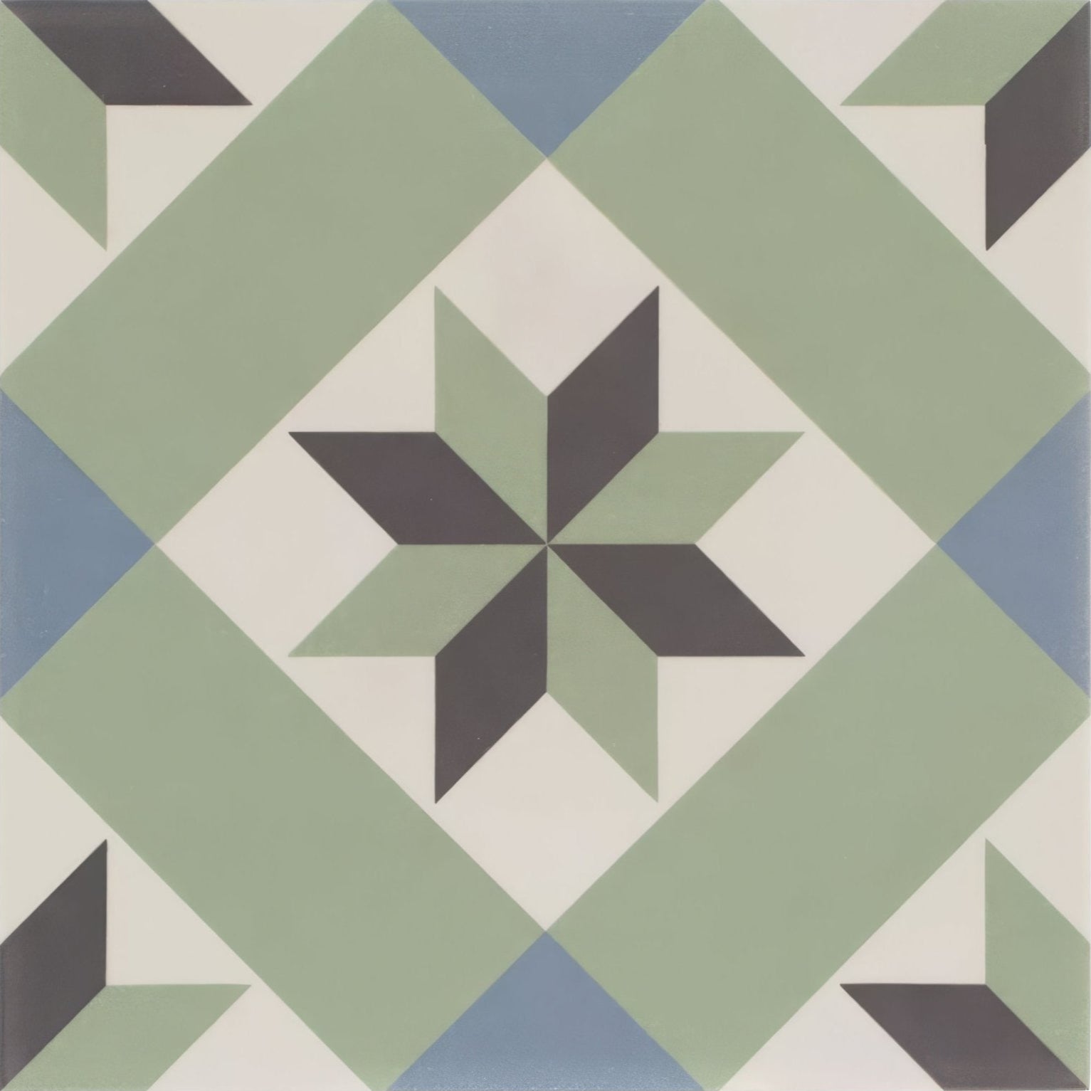 A square ceramic infusion ribeira patterned tile with geometric diamonds in sage green blue and dark gray on off-white