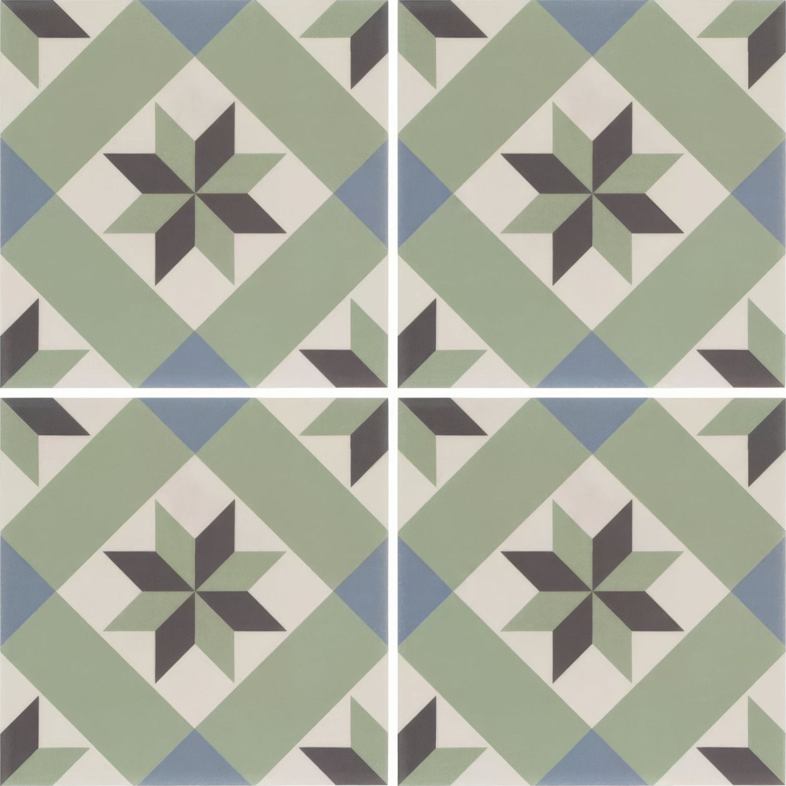 Vintage-style ceramic infusion ribeira patterned floor tile with geometric star design in sage green blue and dark gray tones