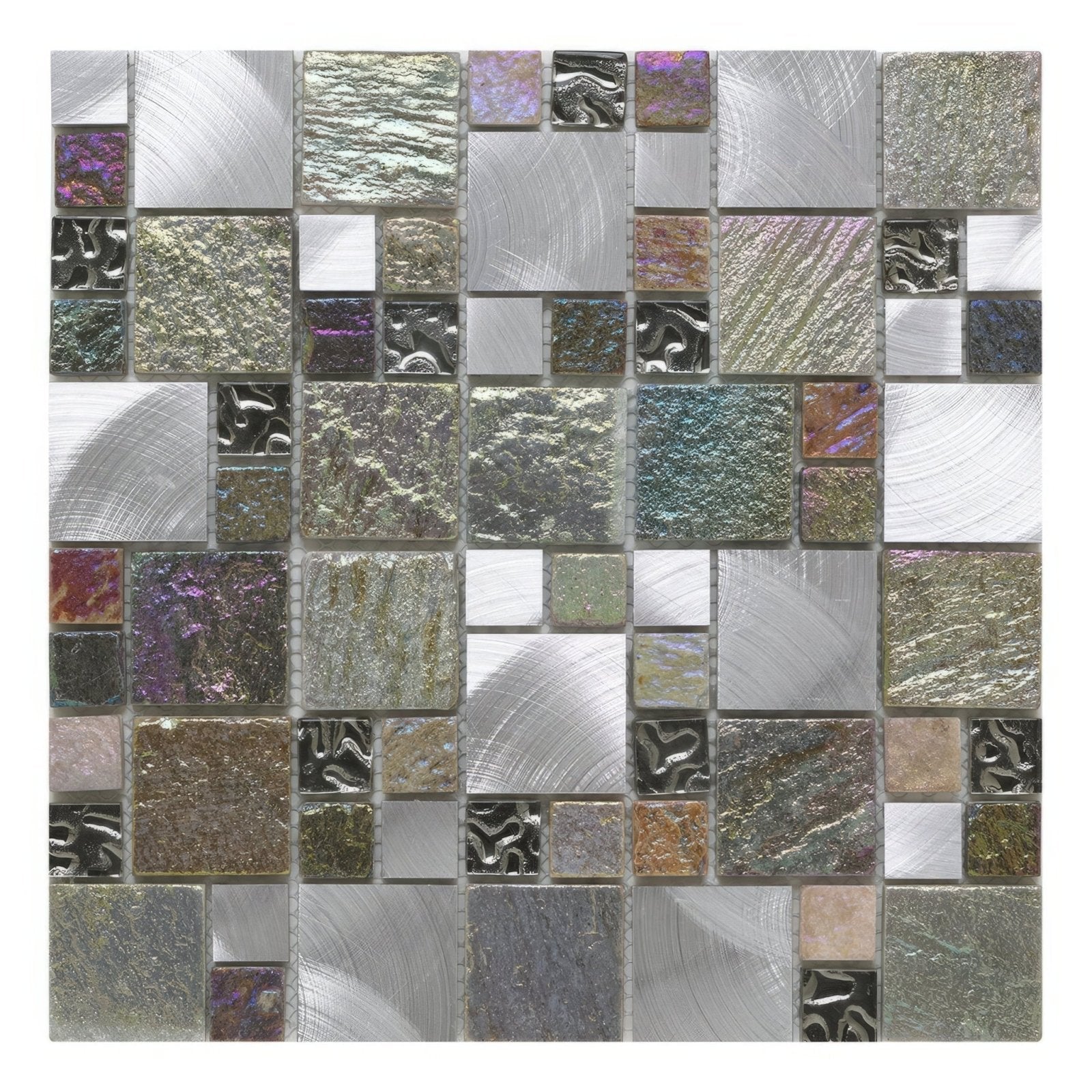 Iridescent Glass, Stone & Metal Mix Modular Mosaic – close-up detail