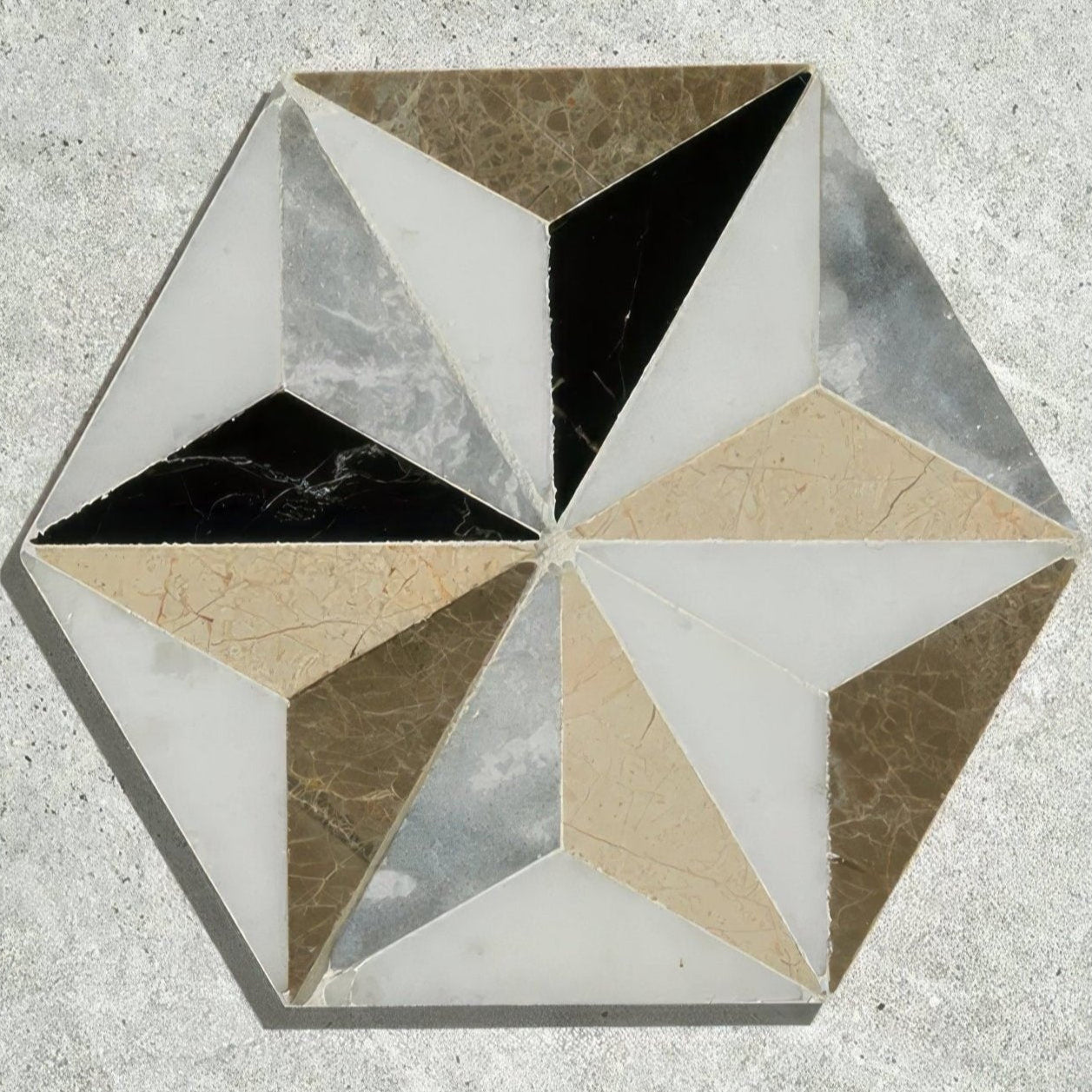 Istanbul marble mosaic hexagonal tile with geometric star pattern in white black and beige marble segments