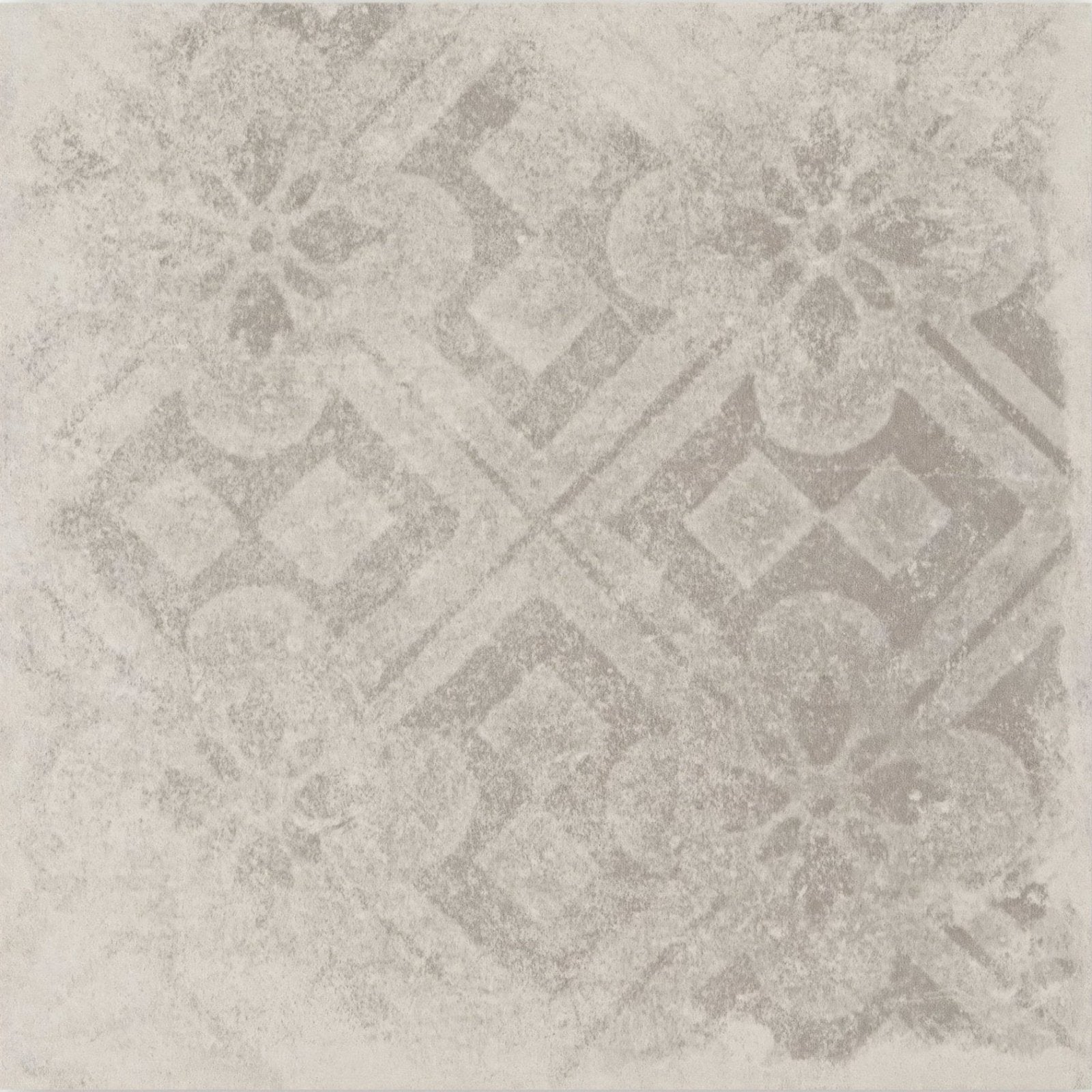 A distressed gray and white geometric patterned Istria Pula tile with vintage weathered texture for flooring or walls