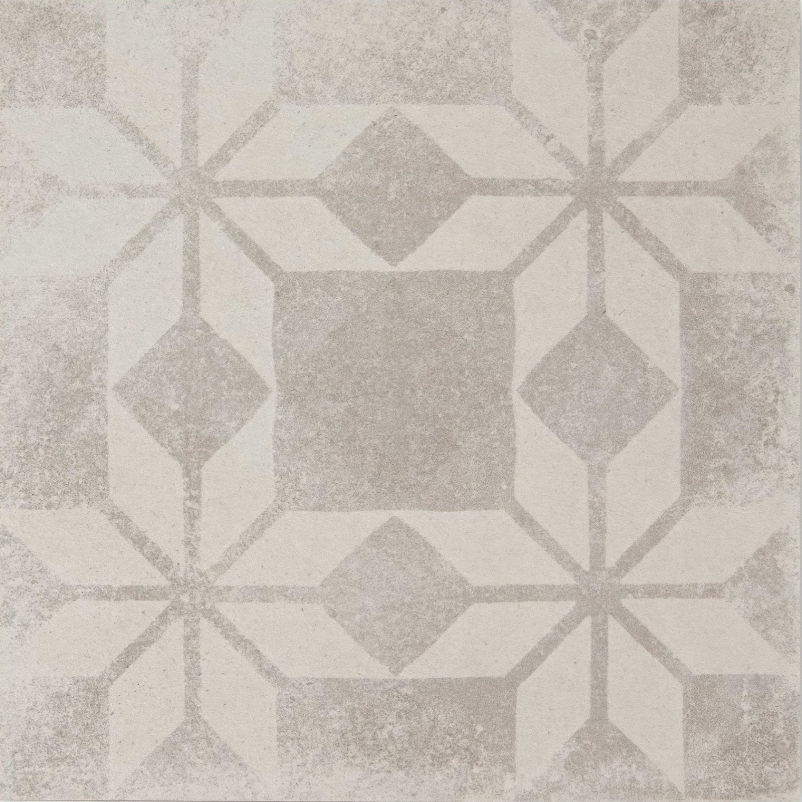 Istria Ravni patterned tile with gray and off-white geometric design and distressed vintage-inspired finish