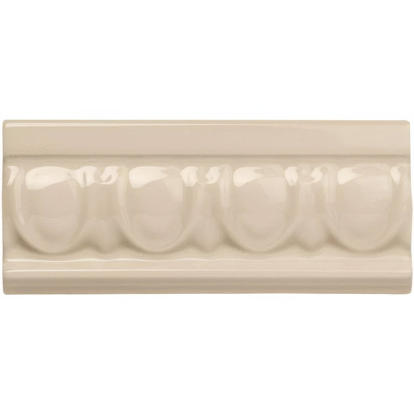 Ivory egg and dart moulding cream ceramic tile with glossy finish and raised rounded decorative center molding