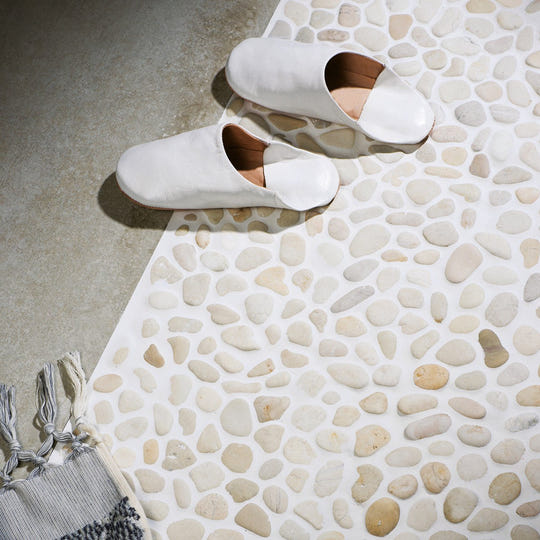 Ivory Samoa Pebble Mosaics white pebble mosaic with white leather mules