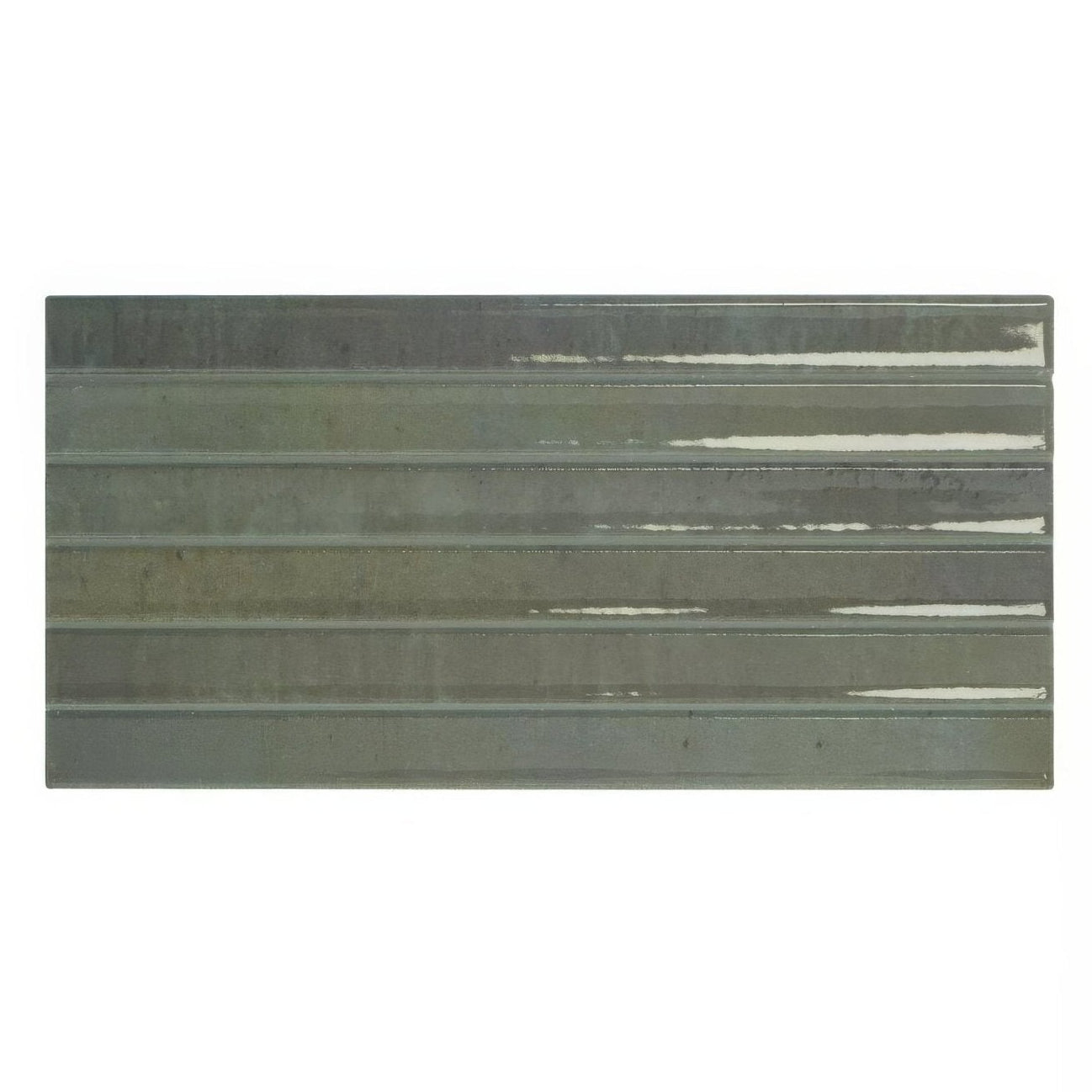 A rectangular ceramic ixworth forest bar tile with a matte muted green glaze and subtle horizontal ridges