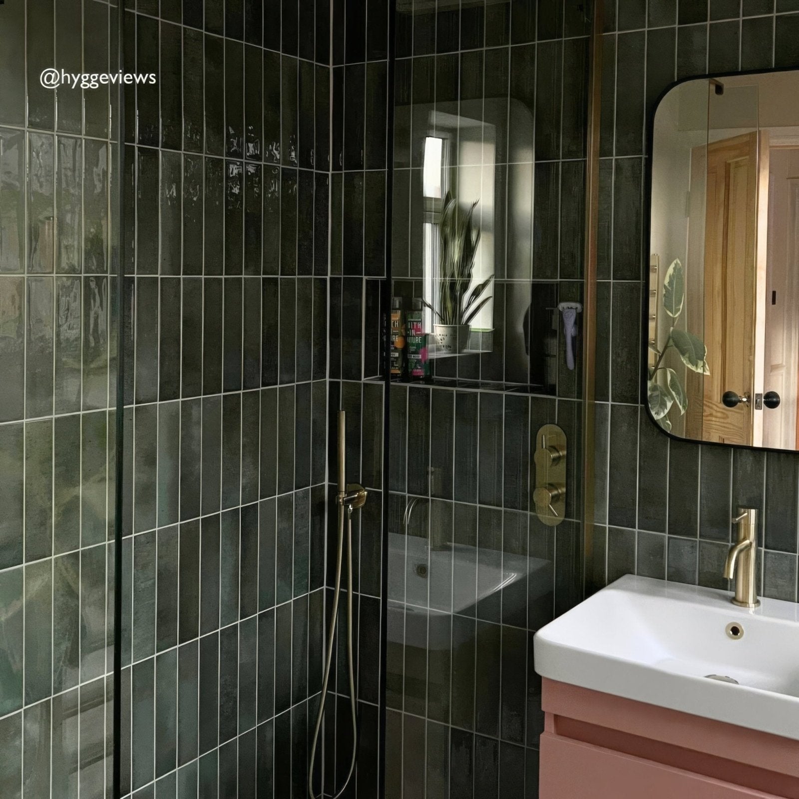 Dark green glossy rectangular ixworth forest brick tile with white grout lines for decorative wall use