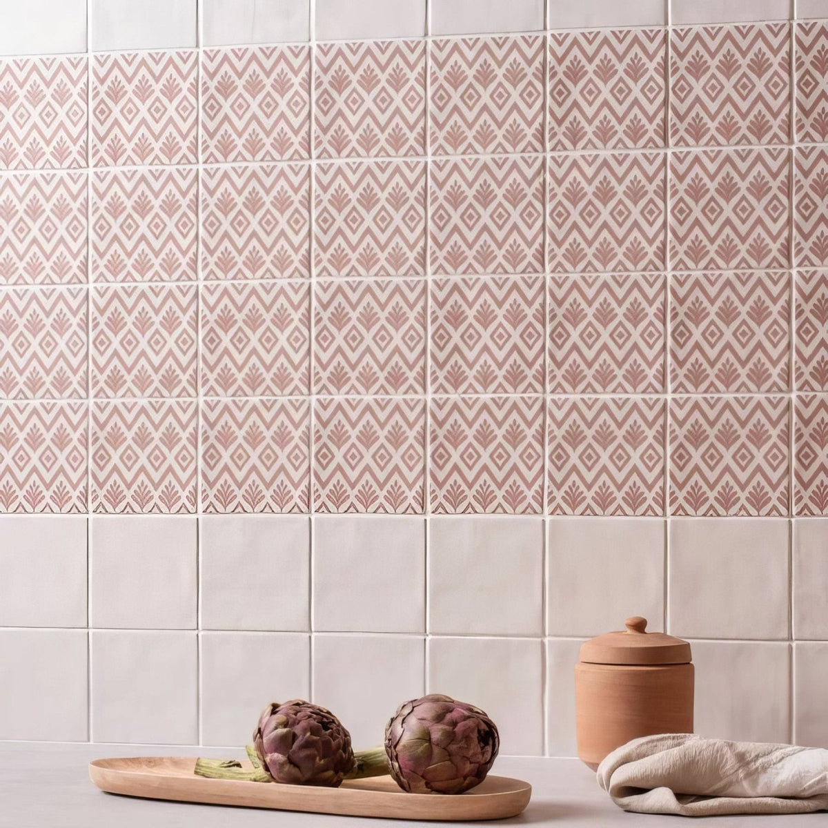 Jacquard Clay pink and cream geometric patterned ceramic tiles for stylish wall or floor decoration