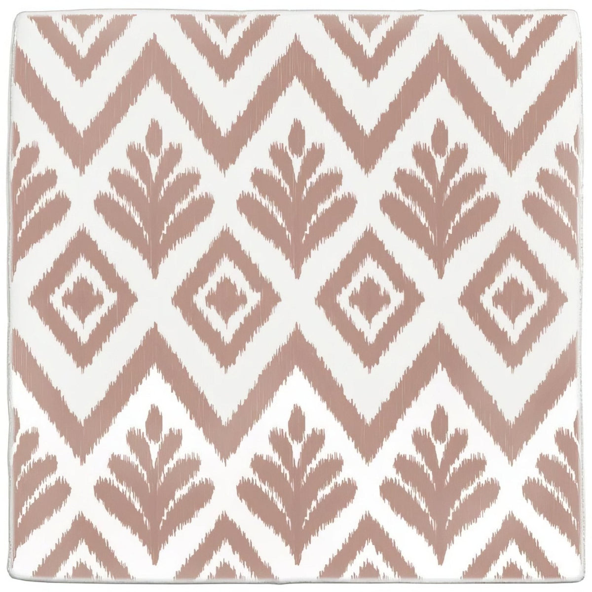 A square ceramic coaster with a muted rose gold and white ikat pattern from jacquard clay