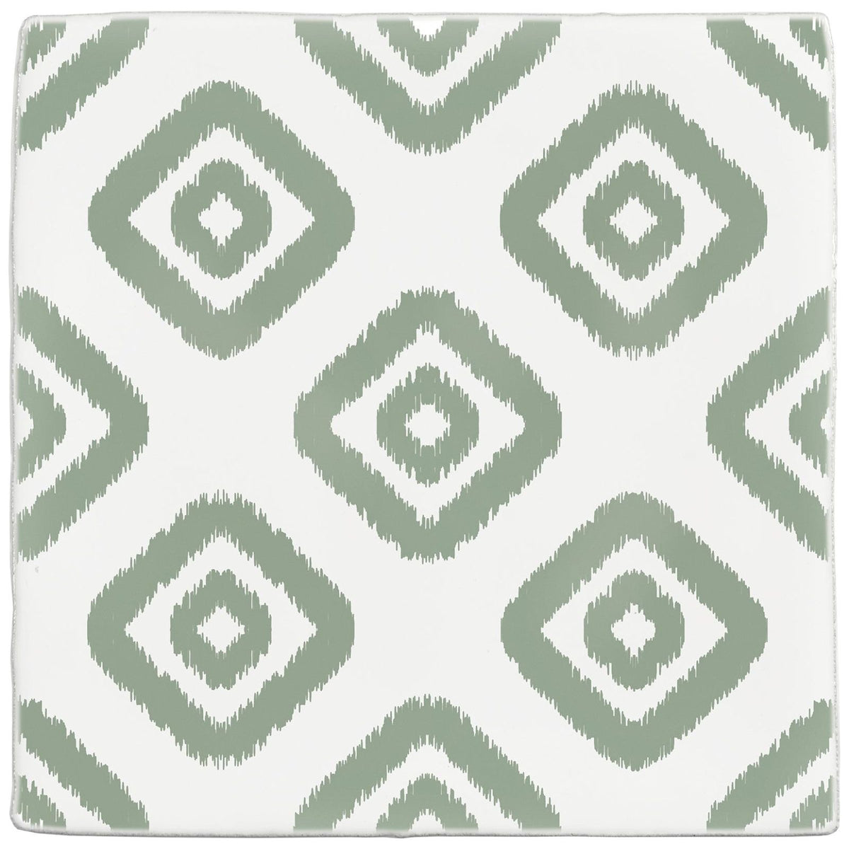 A square ceramic tile named jacquard sage with a white background and olive green ikat diamond pattern