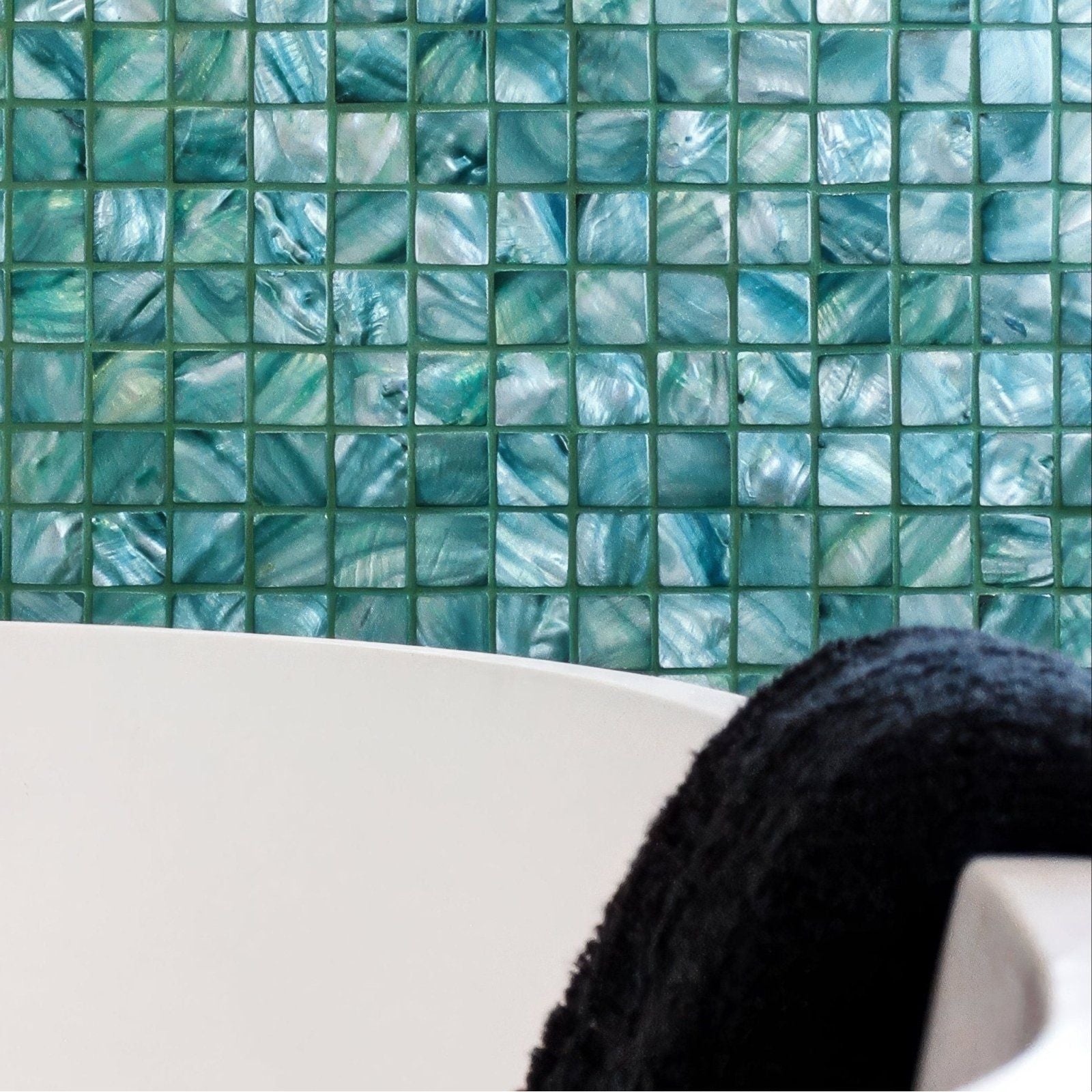 Jade 25mm square shimmering teal and white iridescent glass mosaic tiles with subtle green grout lines