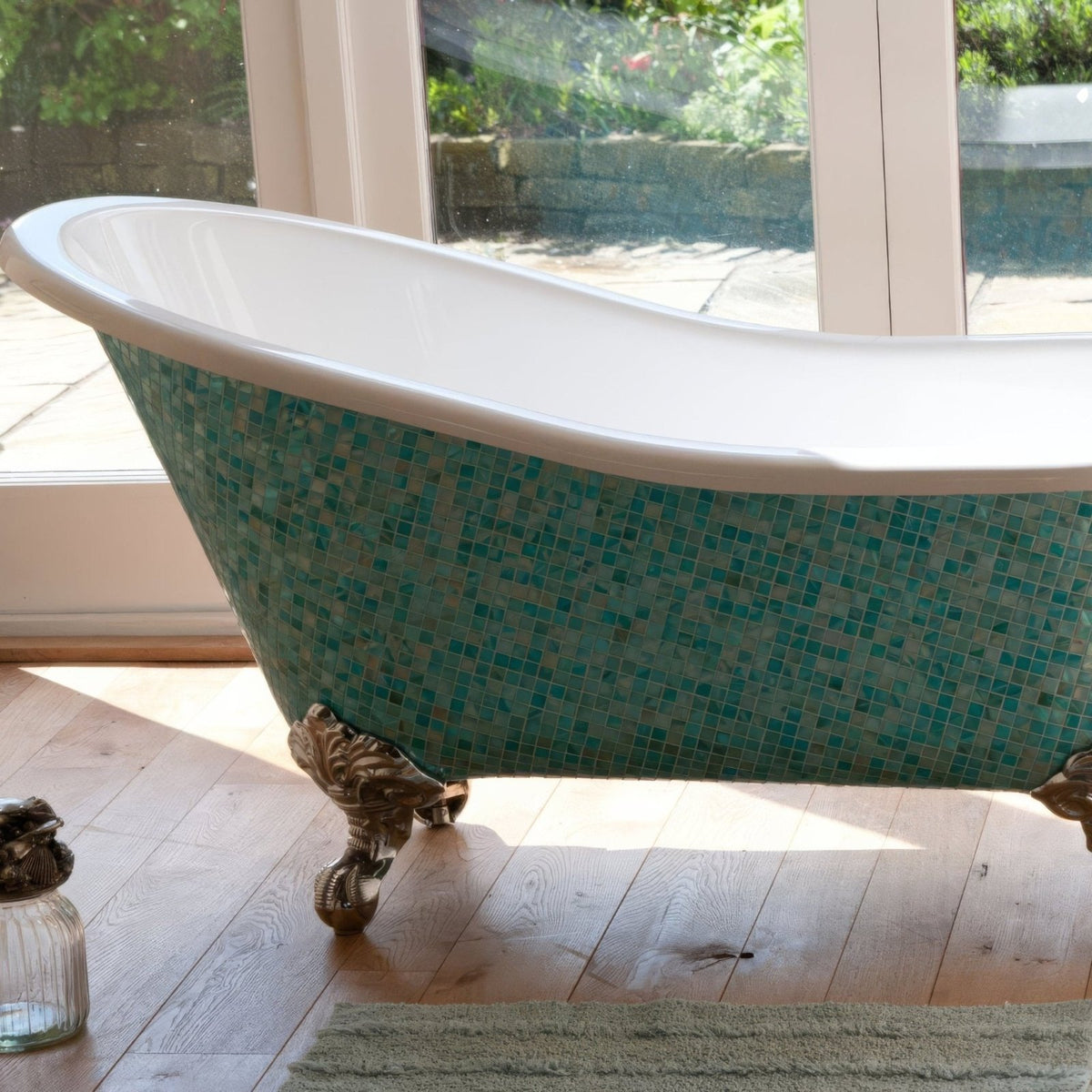 Jade 25mm Square teal glass mosaic with a vintage freestanding bathtub on bronze claw feet