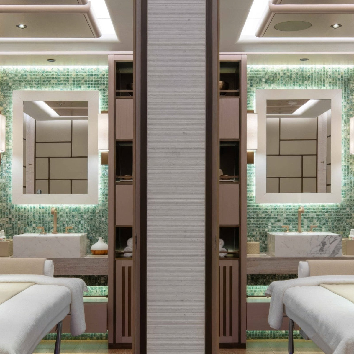 Jade 25mm Square green glass mosaic on spa vanity stations with white marble sinks and gold taps