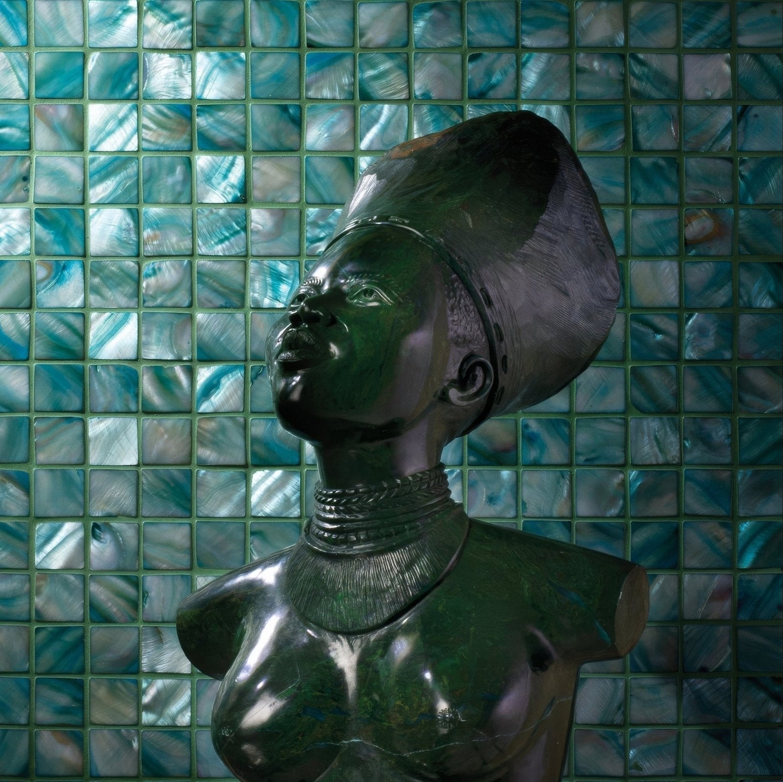 Jade 25mm Square green glass mosaic with a dark green stone bust