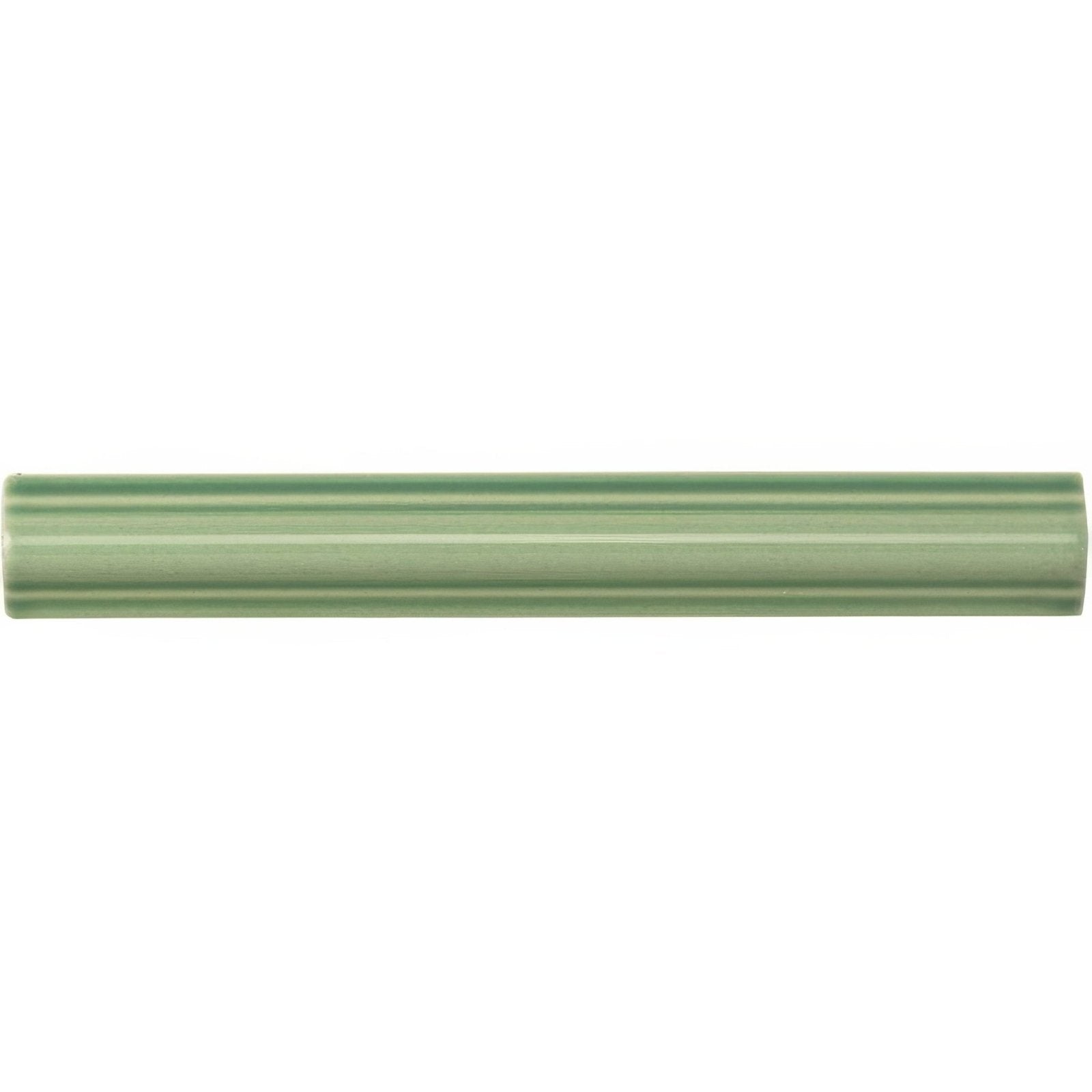 A sleek matte sage green ceramic jade breeze astragal moulding tile with subtle horizontal ridges