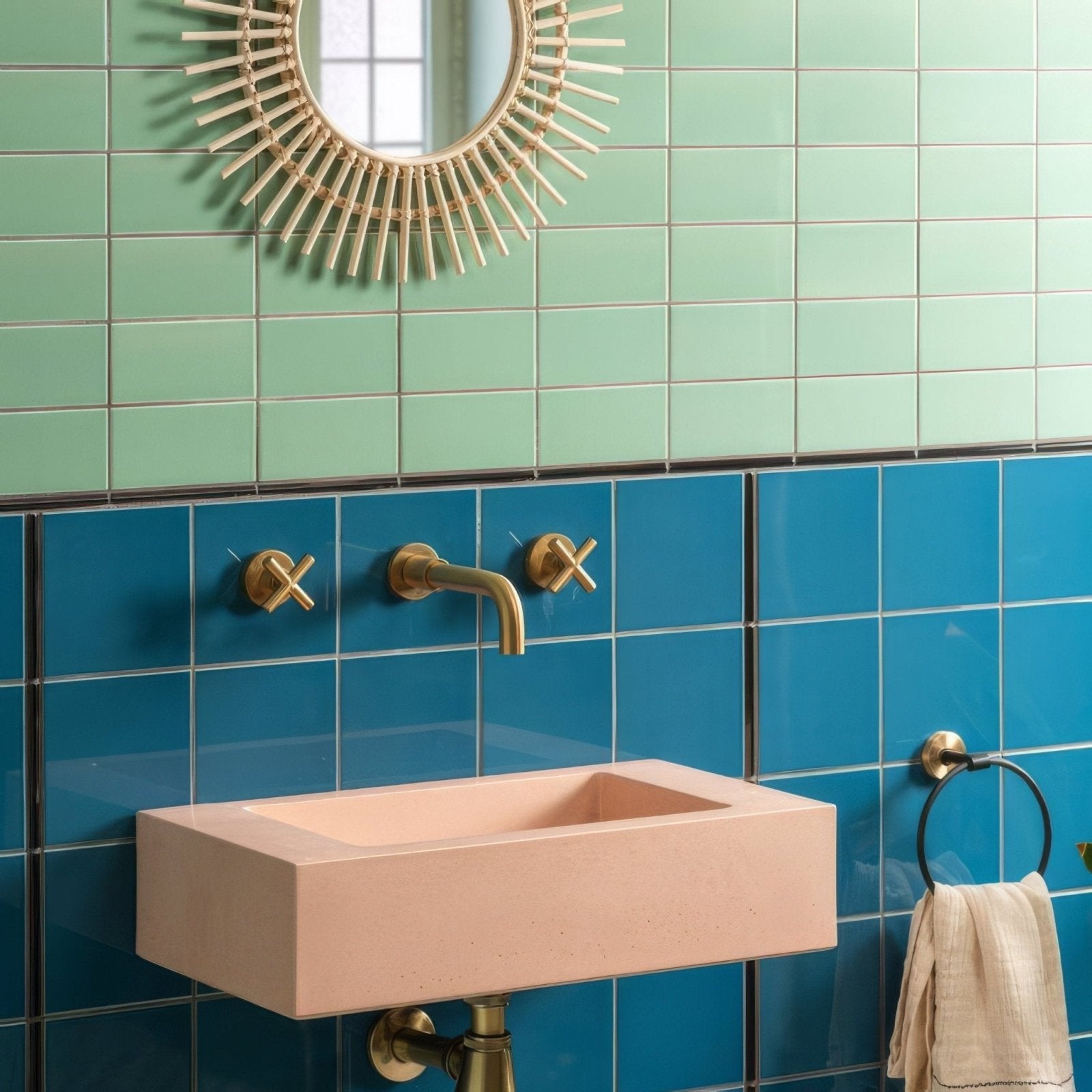 Pink rectangular jade breeze half tile wall-mounted sink with matte finish and gold-toned faucet fixtures