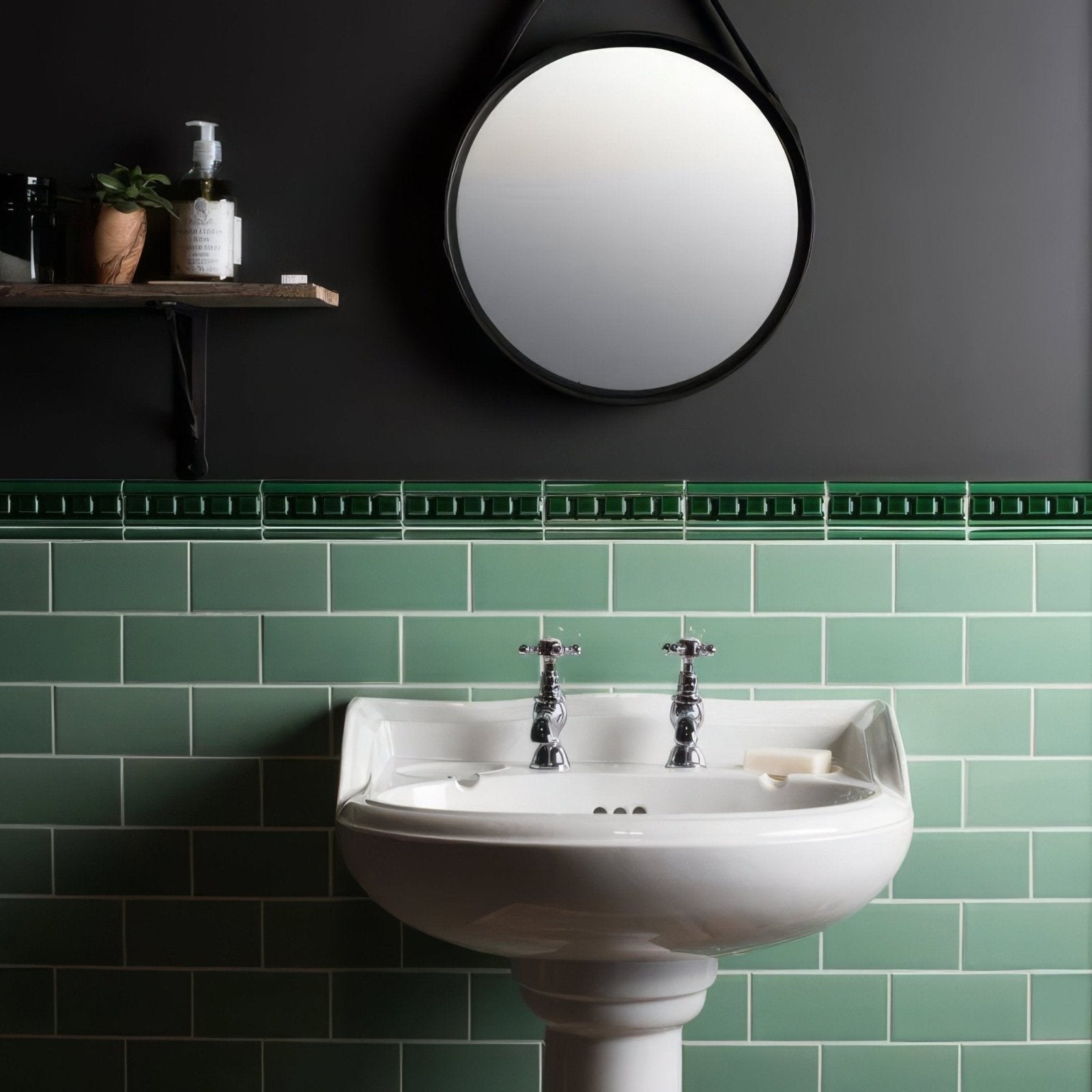 White ceramic pedestal sink with chrome faucets featured in jade breeze half tile design