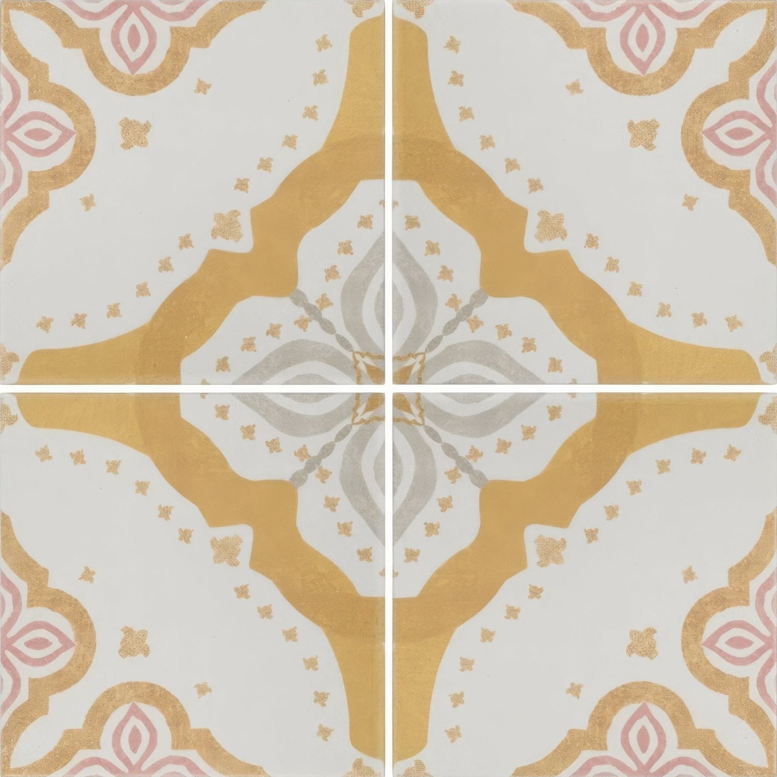 White gold and soft pink ornate ceramic Jaipur Akola patterned tile featuring a symmetrical floral design