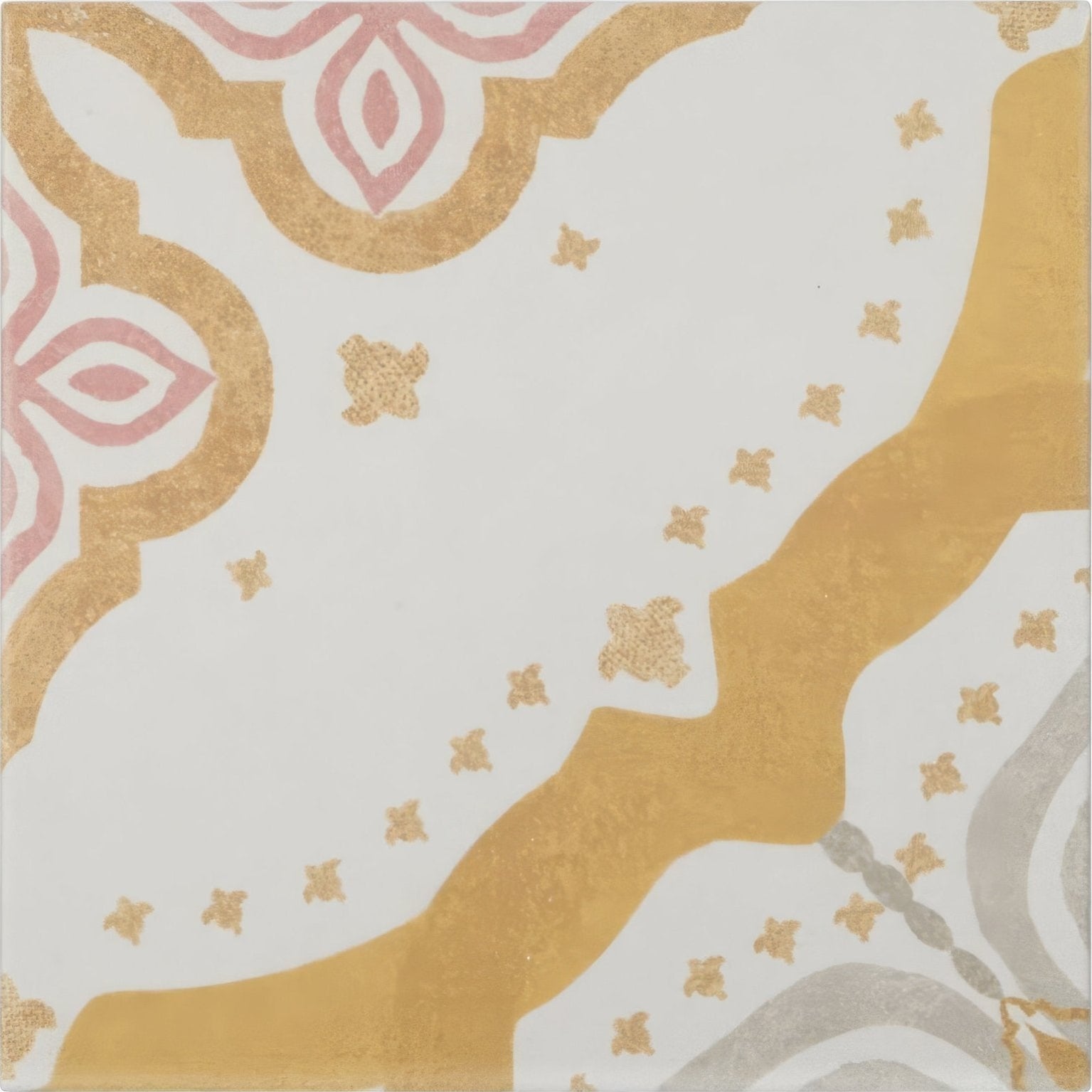 A decorative ceramic jaipur akola patterned tile with intricate pink and gold motifs on a white background with gold stars