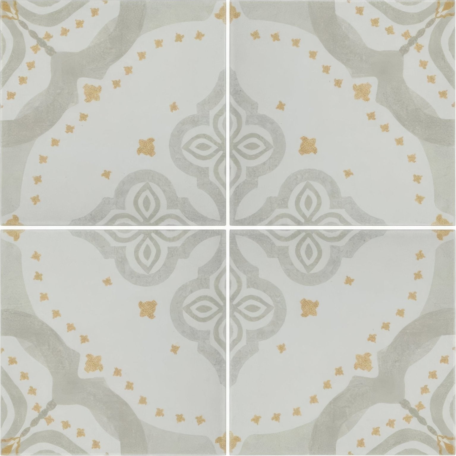 Jaipur barmer patterned tile featuring gray and gold ornate ceramic floor tiles with symmetrical design