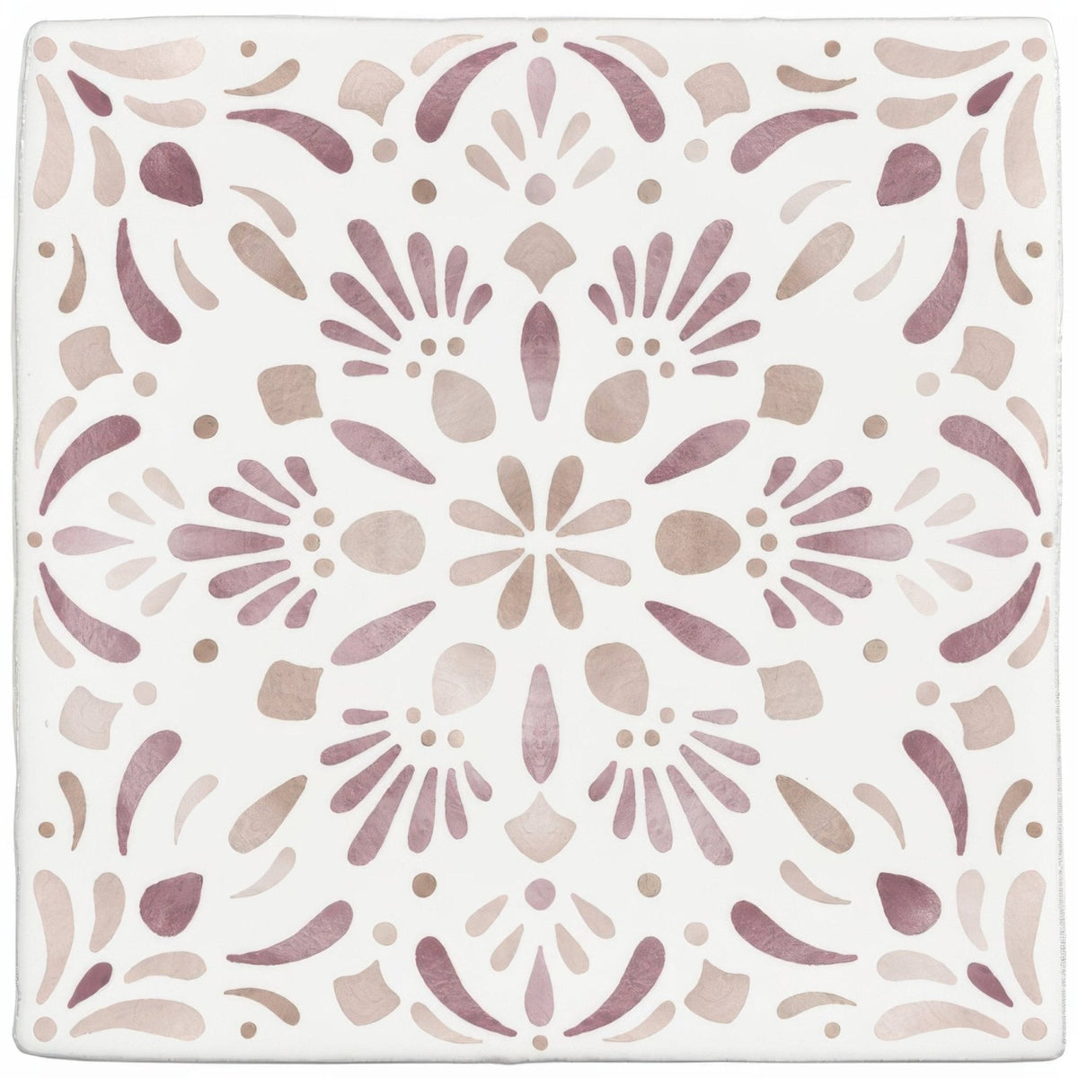 A square ceramic tile named Jaipur Dahlia with a delicate symmetrical floral pattern in soft mauve and beige tones