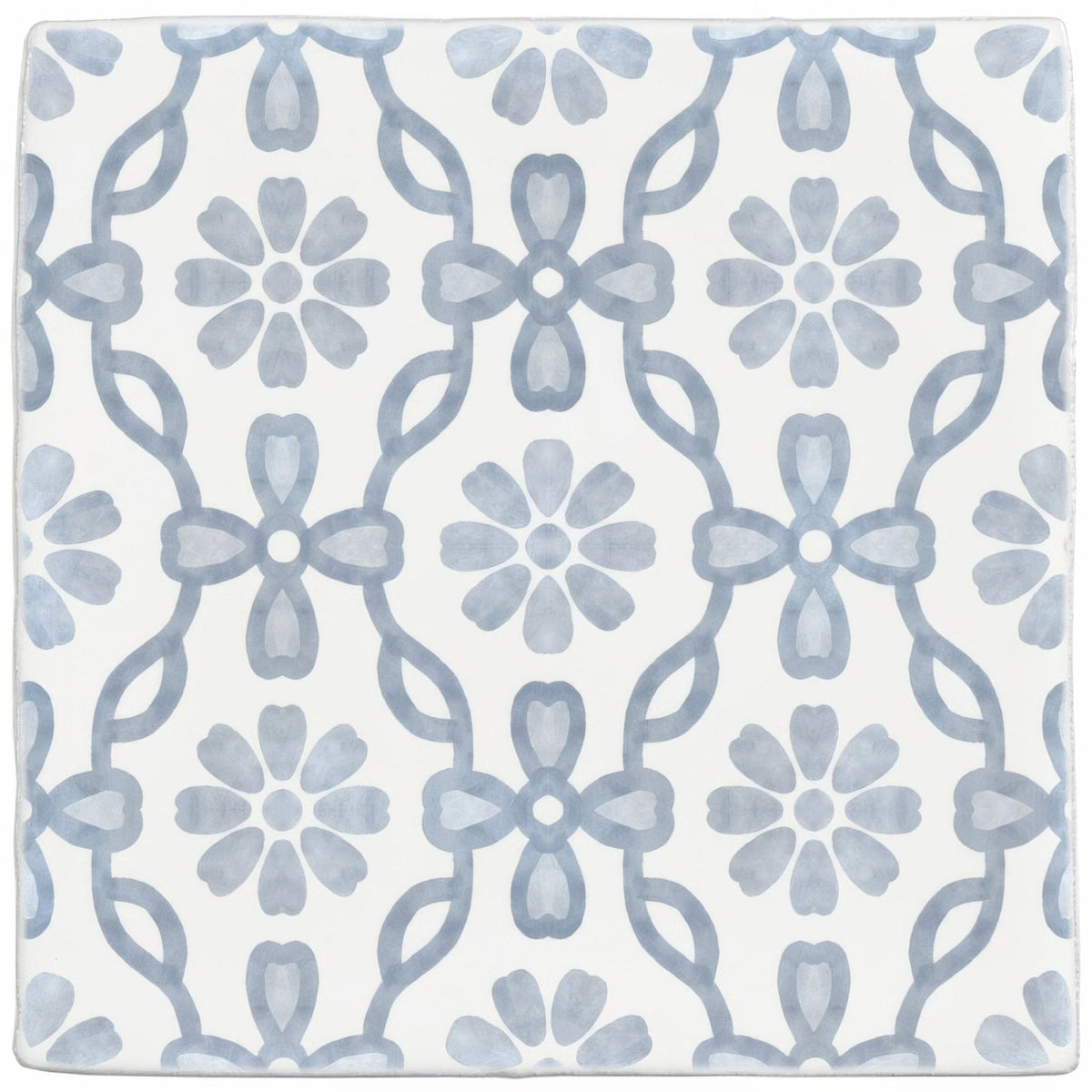 Square ceramic tile named jaipur daisy with delicate light blue floral and chain-link pattern on white background