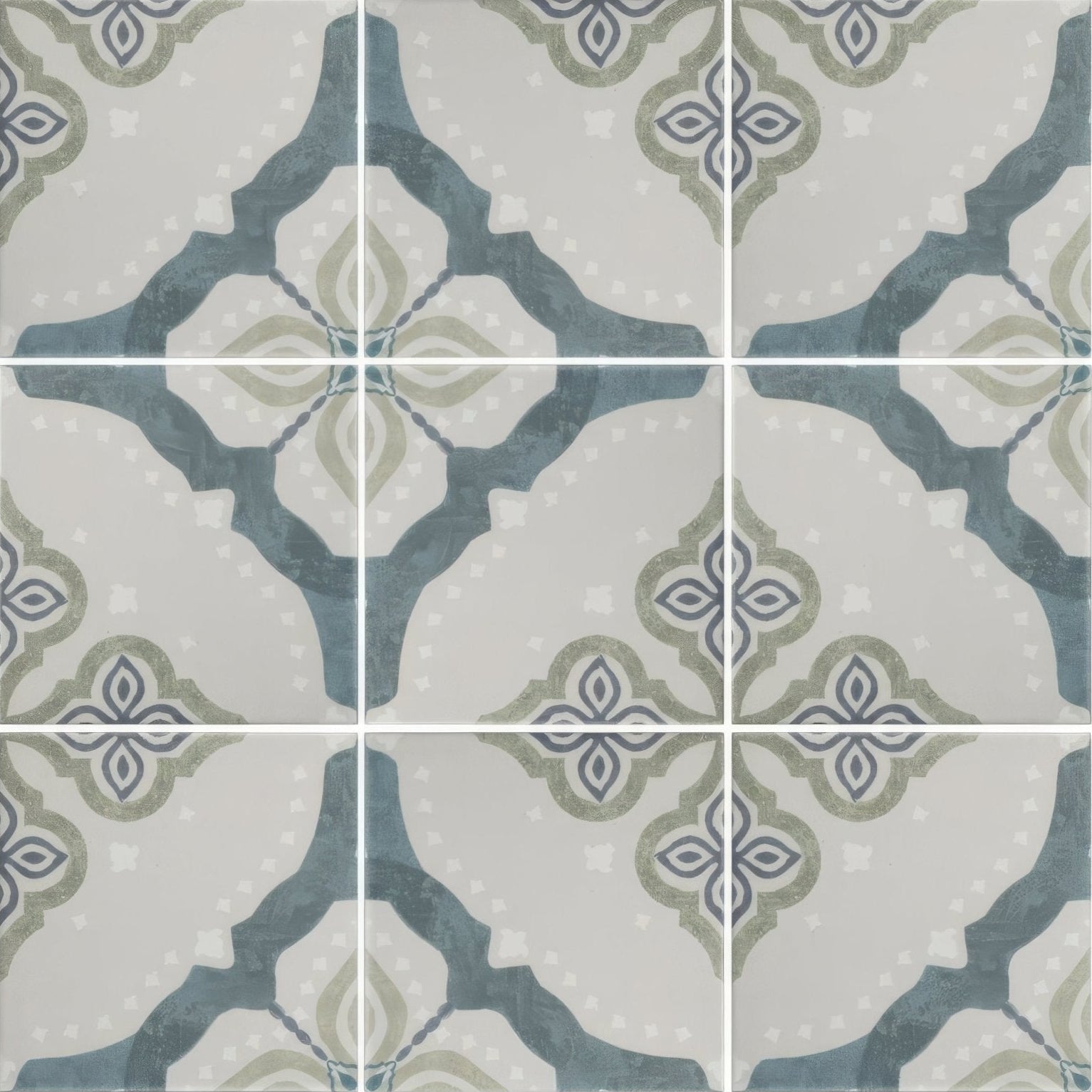 Blue and gray patterned ceramic tile with vintage quatrefoil design from jaipur desear patterned tile collection