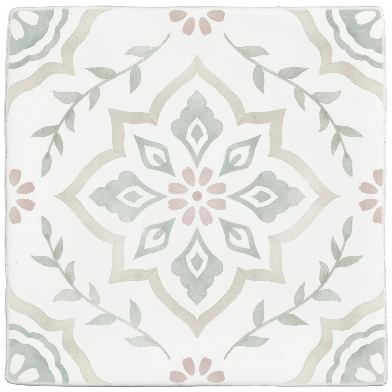 A square ceramic tile named Jaipur Jasmine with a delicate symmetrical floral pattern in soft gray and blush pink tones