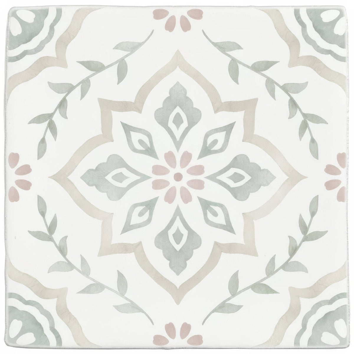 A square ceramic tile named Jaipur Jasmine with a delicate symmetrical floral pattern in soft gray and blush pink tones