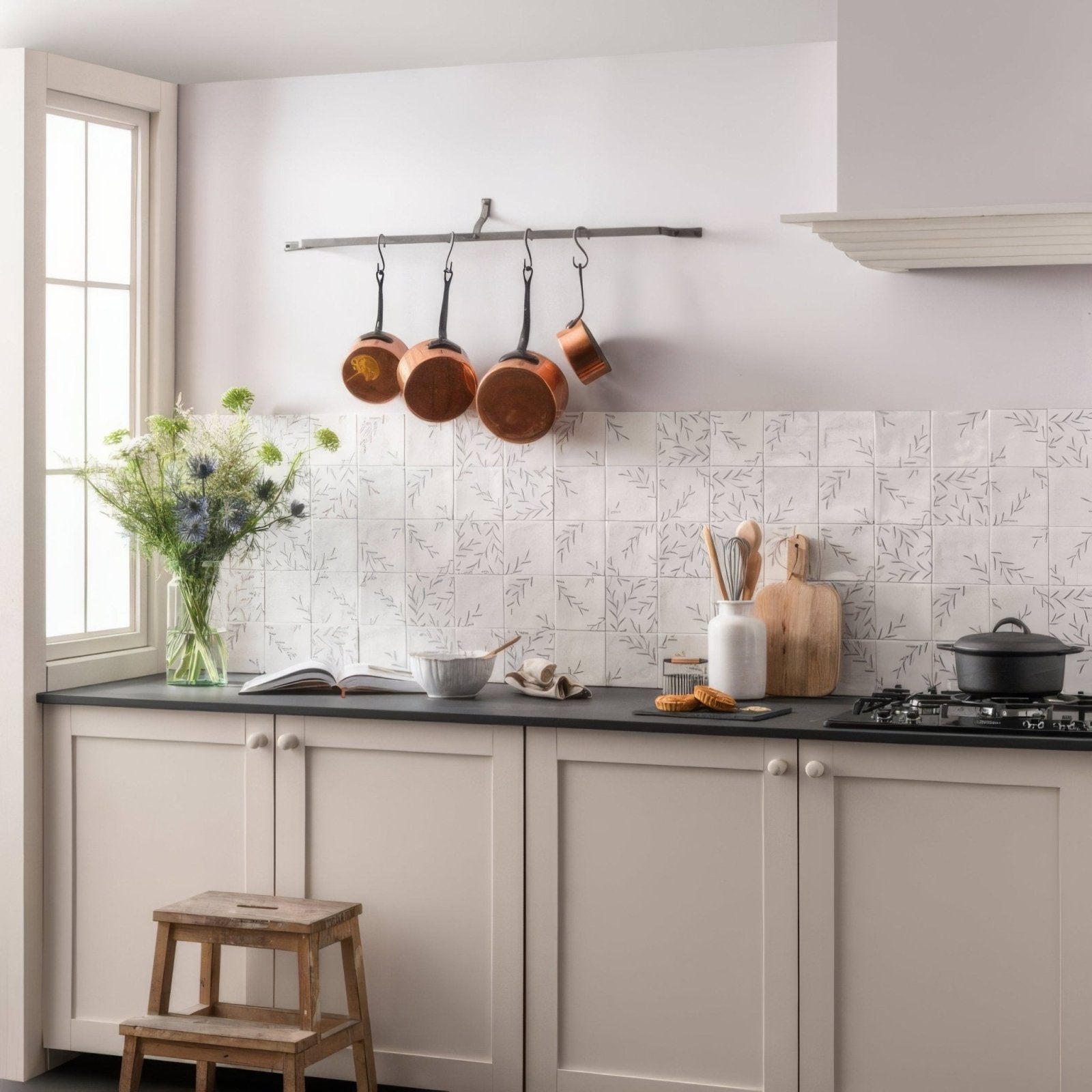 Copper pots with black handles hanging from a metal rack above the kitchen counter in jardin marsh 1 product