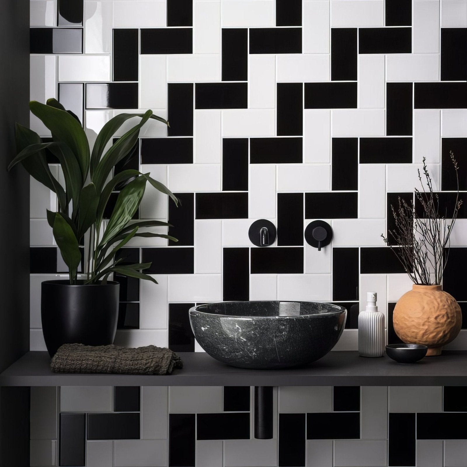 Jet black half tile black marble bowl sink with smooth polished surface and subtle veining for modern bathrooms