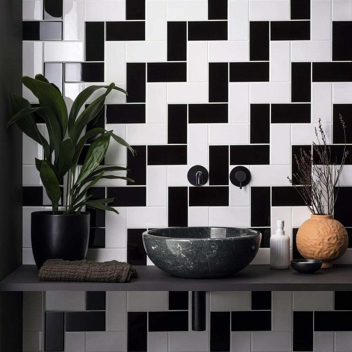 Black marble basin set against a Jet Black Half Tile wall