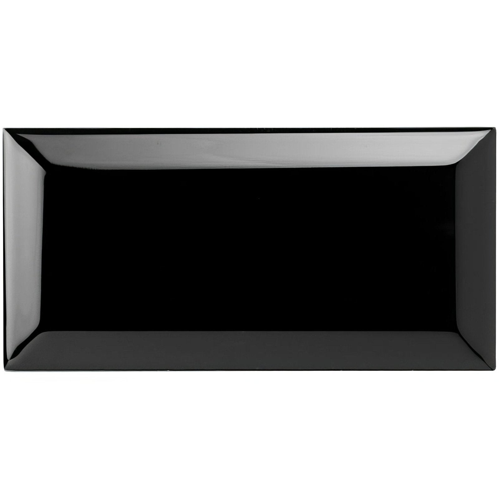 Black rectangular ceramic serving platter with glossy finish from Jet Black Metro bevelled tile collection
