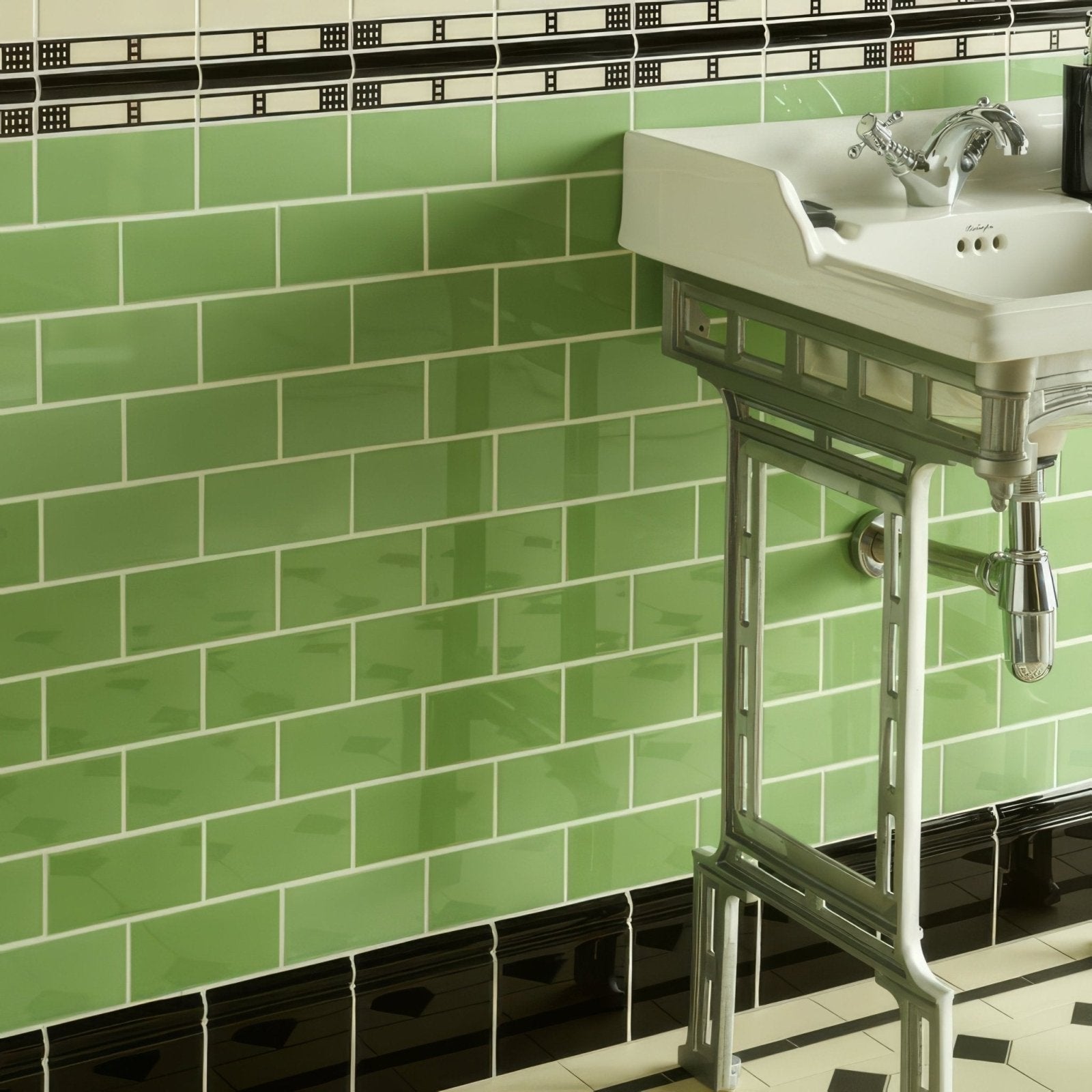 A vintage-style white ceramic sink with a chrome faucet on an ornate silver-toned metal stand featured with jet black skirting tile