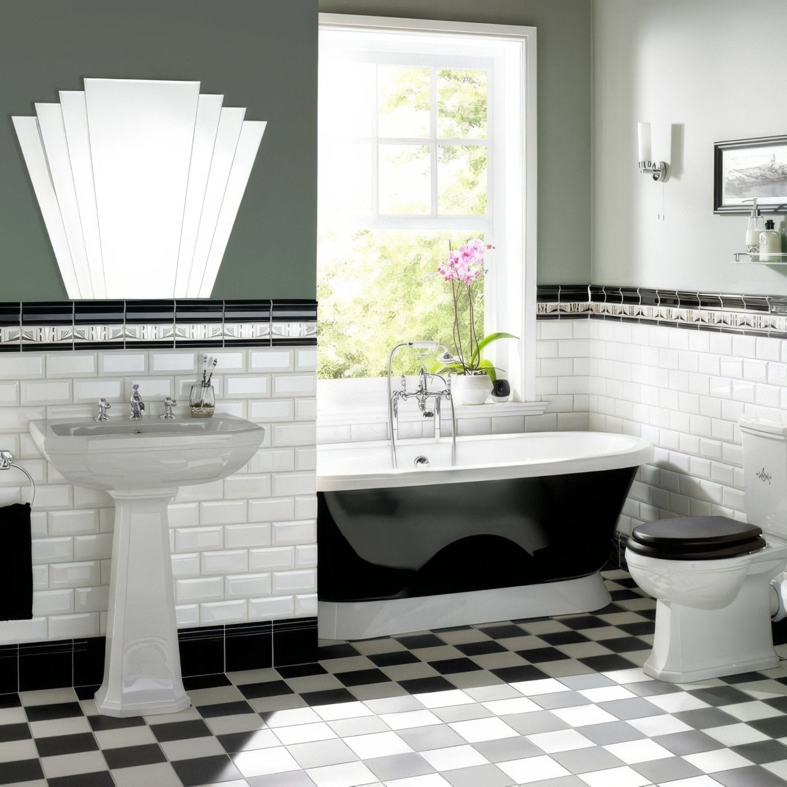 Black and white clawfoot bathtub with chrome fixtures set against jet black skirting tile for elegant bathroom design