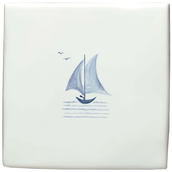 White ceramic tile featuring a hand-painted blue sailboat and two seagulls above stylized water lines by jim howard of fowey delft boat